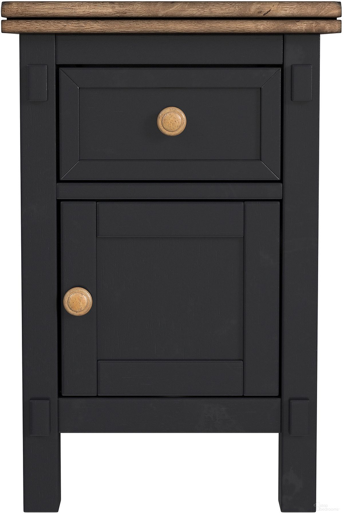 The appearance of Stormy Ridge Chairside Table In Chicory and Black designed by A-America in the transitional interior design. This chicory and black piece of furniture was selected by 1StopBedrooms from Stormy Ridge Collection to add a touch of cosiness and style into your home. Sku: STOBL7020. Material: Solid Rubberwood.