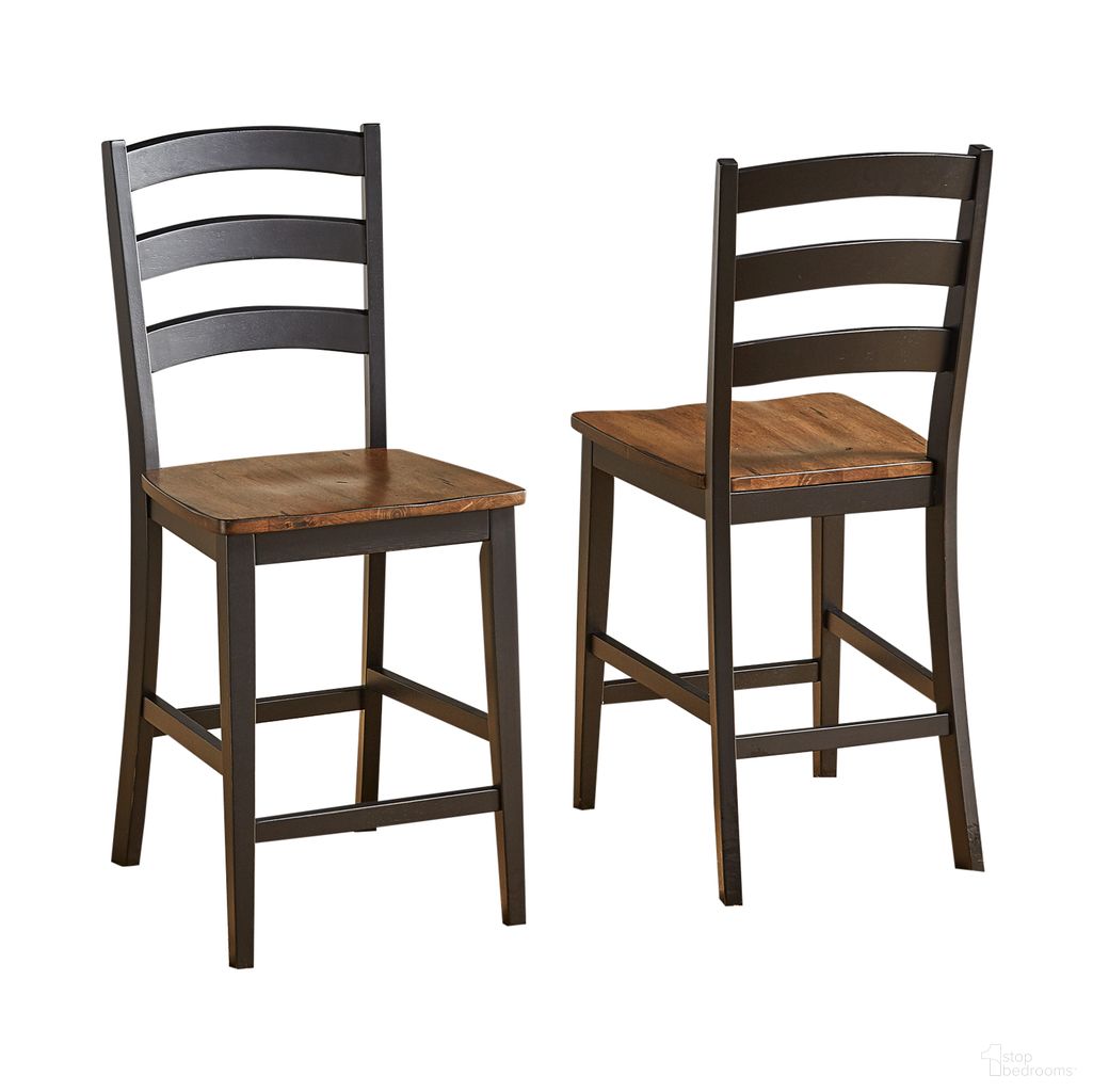 The appearance of Stormy Ridge Chickory And Black Ladderback Counter Height Chair Set of 2 designed by A-America in the transitional interior design. This black and brown piece of furniture was selected by 1StopBedrooms from Stormy Ridge Collection to add a touch of cosiness and style into your home. Sku: STOBL3552. Material: Rubberwood.