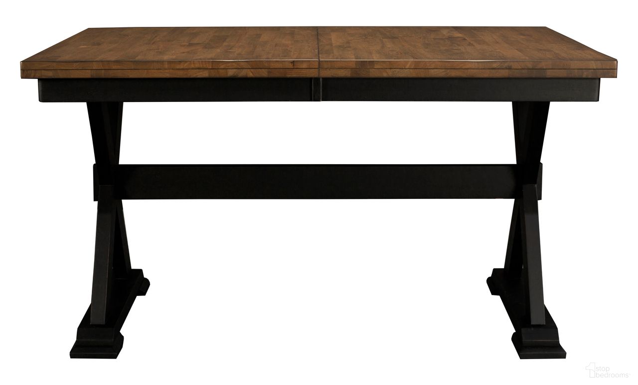 The appearance of Stormy Ridge Chickory and Slate Black Extendable Rectangular Trestle Dining Table designed by A-America in the transitional interior design. This black and brown piece of furniture was selected by 1StopBedrooms from Stormy Ridge Collection to add a touch of cosiness and style into your home. Sku: STOBL630B;STOBL630T. Table Base Style: Trestle. Table Top Shape: Rectangular. Material: Rubberwood. Size: 72" x 36".