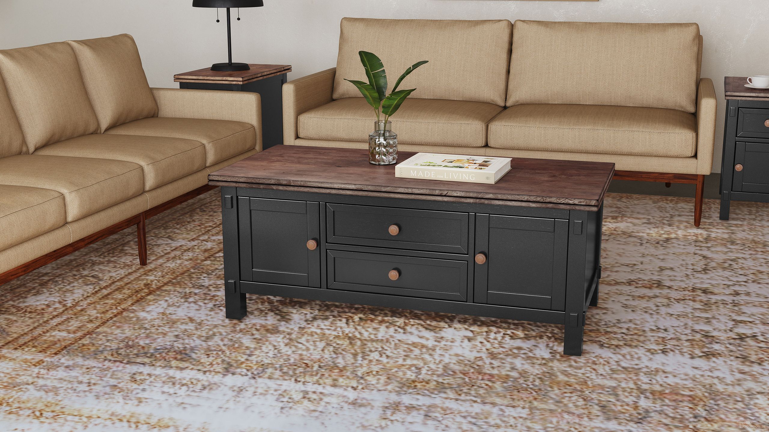 The appearance of Stormy Ridge Coffee Table with Casters In Chicory and Black designed by A-America in the transitional interior design. This chicory and black piece of furniture was selected by 1StopBedrooms from Stormy Ridge Collection to add a touch of cosiness and style into your home. Sku: STOBL7130. Material: Solid Rubberwood.