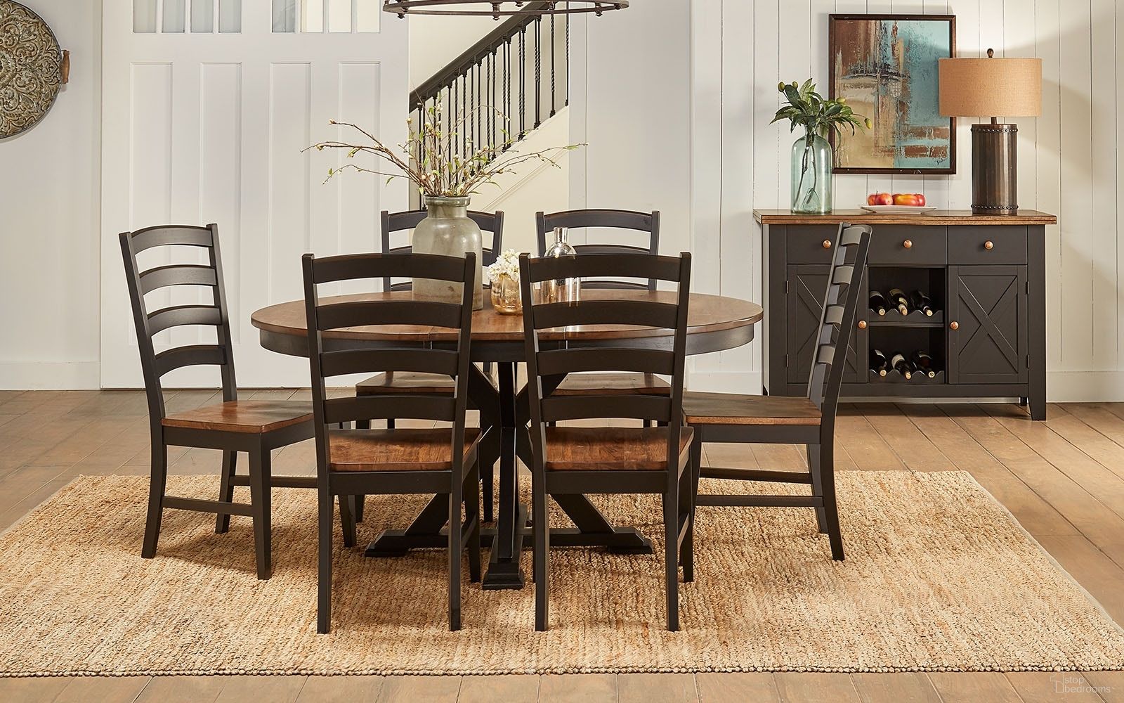 The appearance of Stormy Ridge Extendable Oval Dining Set In Chickory And Black designed by A-America in the transitional interior design. This black and brown piece of furniture was selected by 1StopBedrooms from Stormy Ridge Collection to add a touch of cosiness and style into your home. Sku: STOBL625B;STOBL625T;STOBL3552. Table Base Style: Pedestal. Table Top Shape: Oval. Material: Rubberwood. Size: 63" x 48".