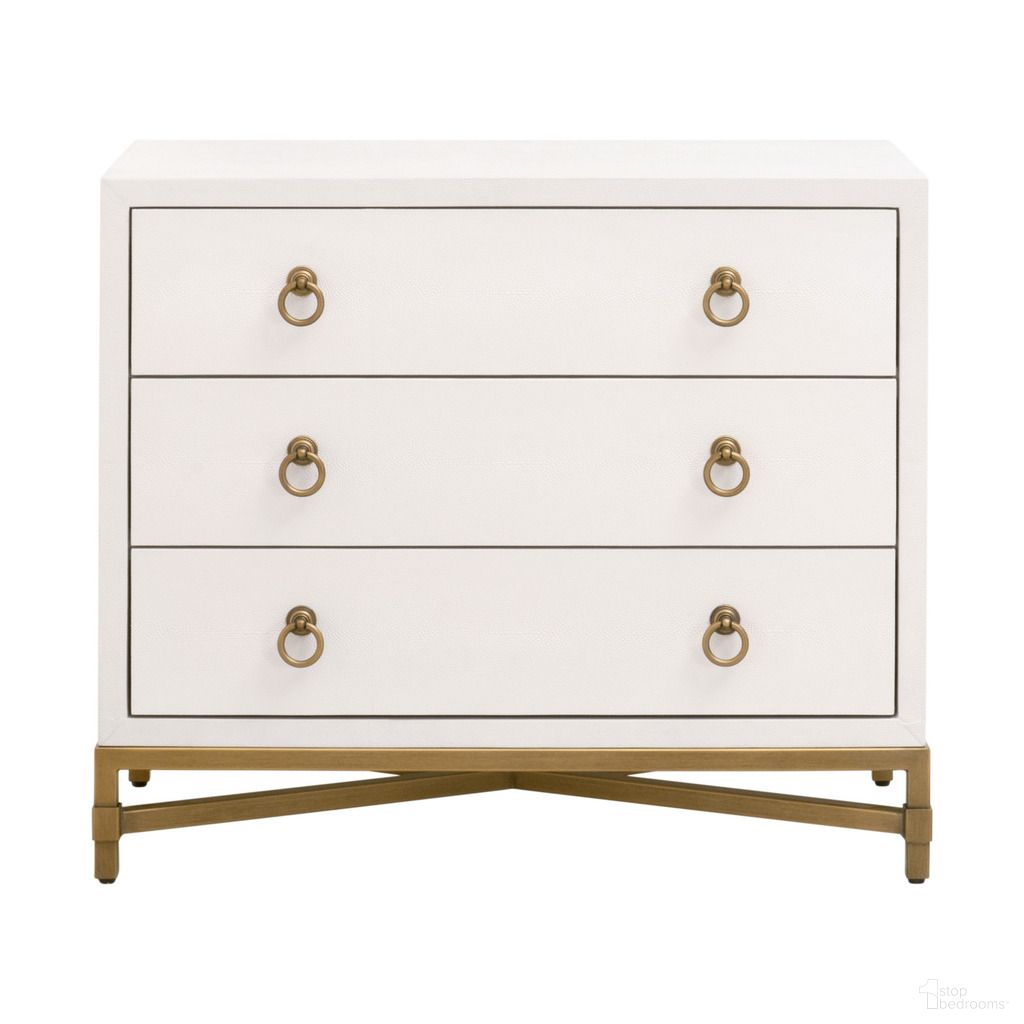 The appearance of Strand 3-Drawer Nightstand In Pearl Shagreen designed by Essentials For Living in the transitional interior design. This pearl shagreen piece of furniture  was selected by 1StopBedrooms from Traditions Collection to add a touch of cosiness and style into your home. Sku: 6120.PRL-SHG/GLD. Material: Faux Shagreen.