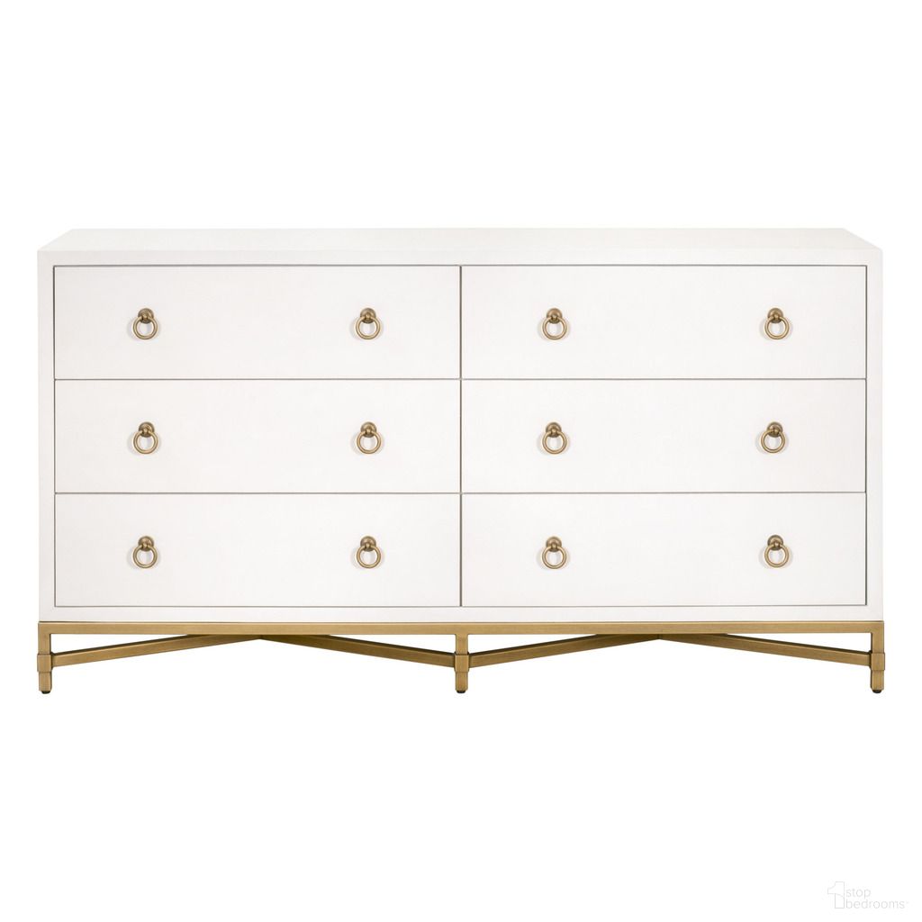 The appearance of Strand 6-Drawer Double Dresser In Pearl Shagreen designed by Essentials For Living in the transitional interior design. This pearl shagreen piece of furniture was selected by 1StopBedrooms from Traditions Collection to add a touch of cosiness and style into your home. Sku: 6122.PRL-SHG/GLD. Material: Faux Shagreen.