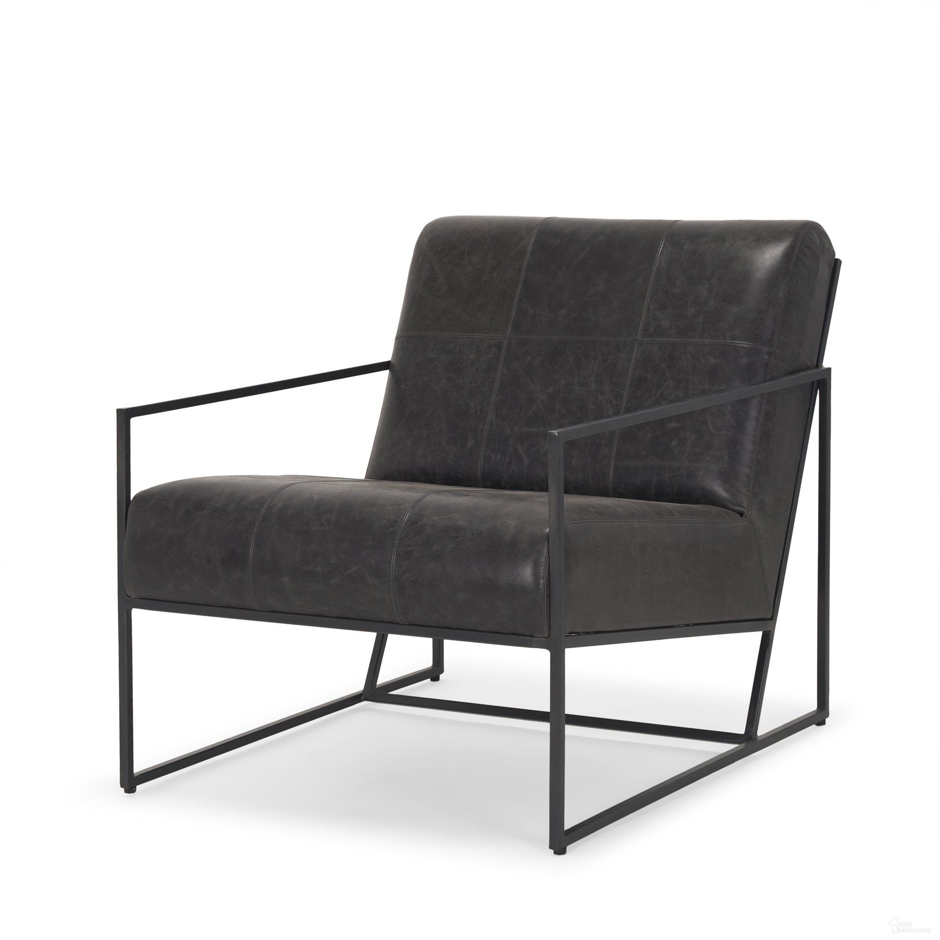 Stratton Accent Chair In Genuine Aged Black Leather Upholstered with Gunmetal