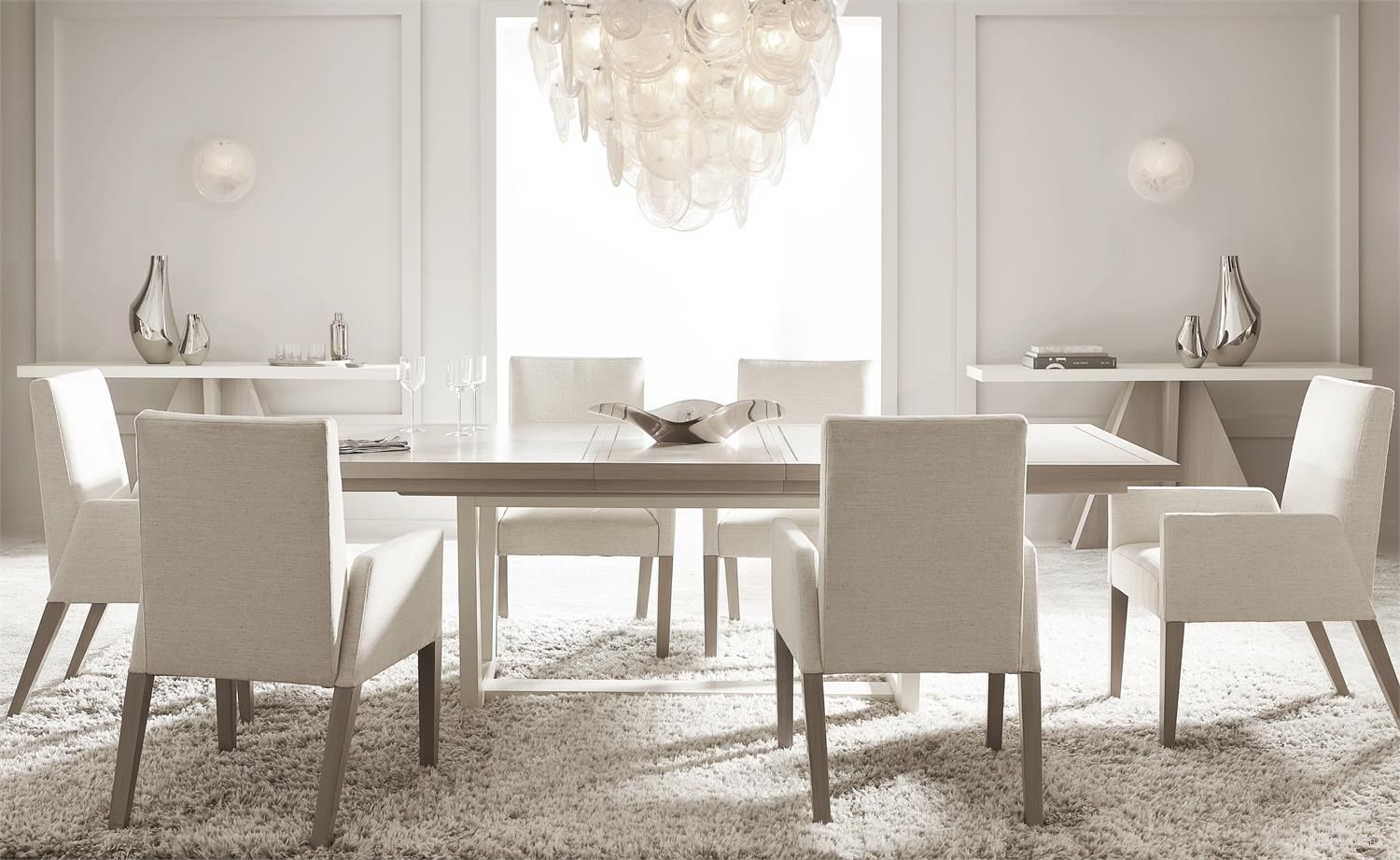 The appearance of Stratum Dining Set In Mist designed by Bernhardt in the modern / contemporary interior design. This mist piece of furniture  was selected by 1StopBedrooms from Stratum Collection to add a touch of cosiness and style into your home. Sku: 325224;325548. Table Base Style: Trestle. Material: Wood. Table Top Shape: Rectangular.
