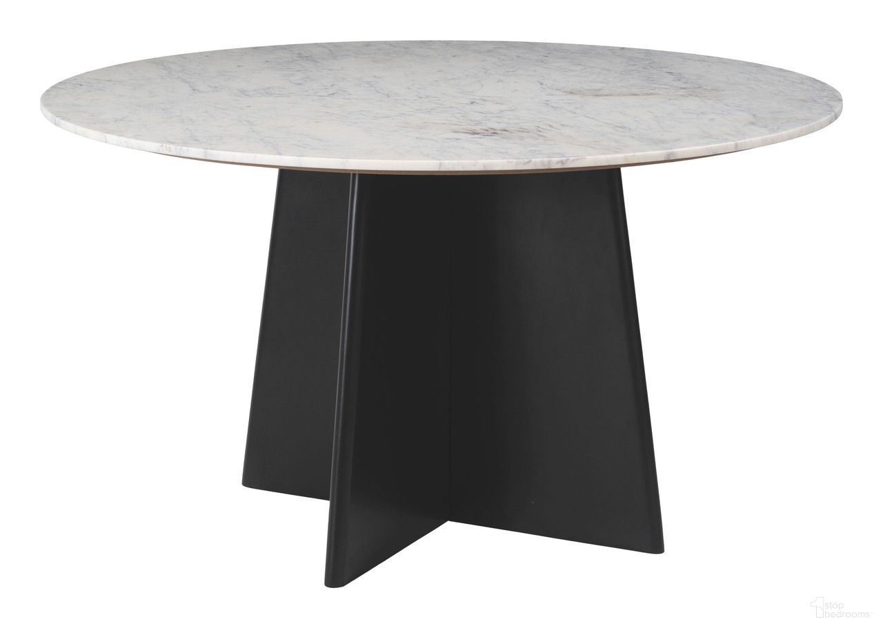 The appearance of Strela Dining Table In White and Black designed by Zuo Modern in the modern / contemporary interior design. This white and black piece of furniture  was selected by 1StopBedrooms from Strela Collection to add a touch of cosiness and style into your home. Sku: 110808. Table Base Style: Pedestal. Table Top Shape: Round. Material: Marble. Size: 50".