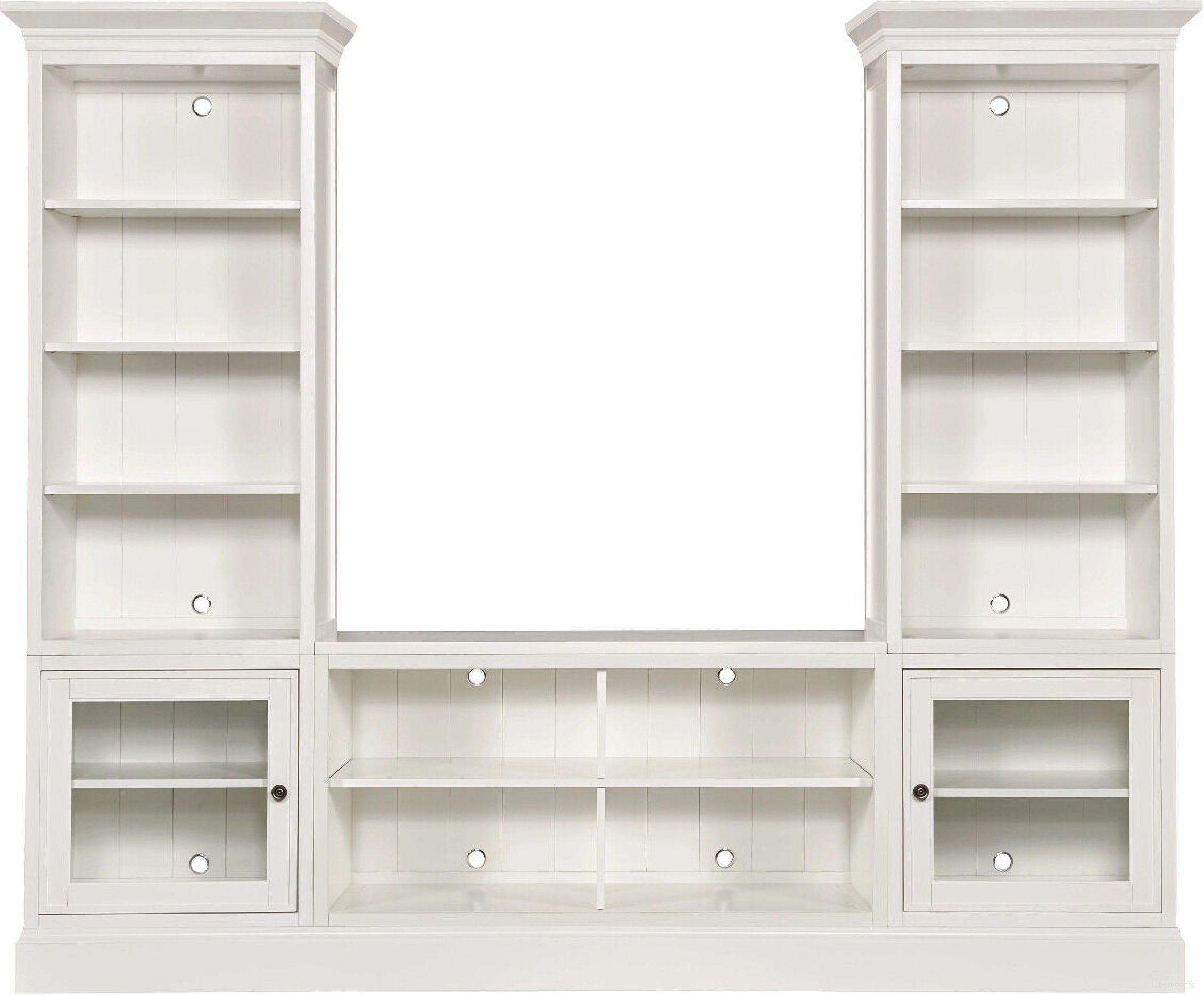 The appearance of Structures Quad Bookcase Console with Piers In White designed by Hammary in the modern / contemporary interior design. This white piece of furniture  was selected by 1StopBedrooms from Structures Collection to add a touch of cosiness and style into your home. Sku: 267-514;267-522;267-531;267-531;267-552;267-561;267-561;267-581;267-581. Material: Birch Veneer.