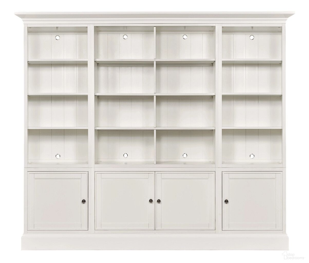 The appearance of Structures Quad Display Bookcase In White designed by Hammary in the modern / contemporary interior design. This white piece of furniture  was selected by 1StopBedrooms from Structures Collection to add a touch of cosiness and style into your home. Sku: 267-514;267-531;267-531;267-532;267-561;267-561;267-562;267-584. Material: Birch Veneer.