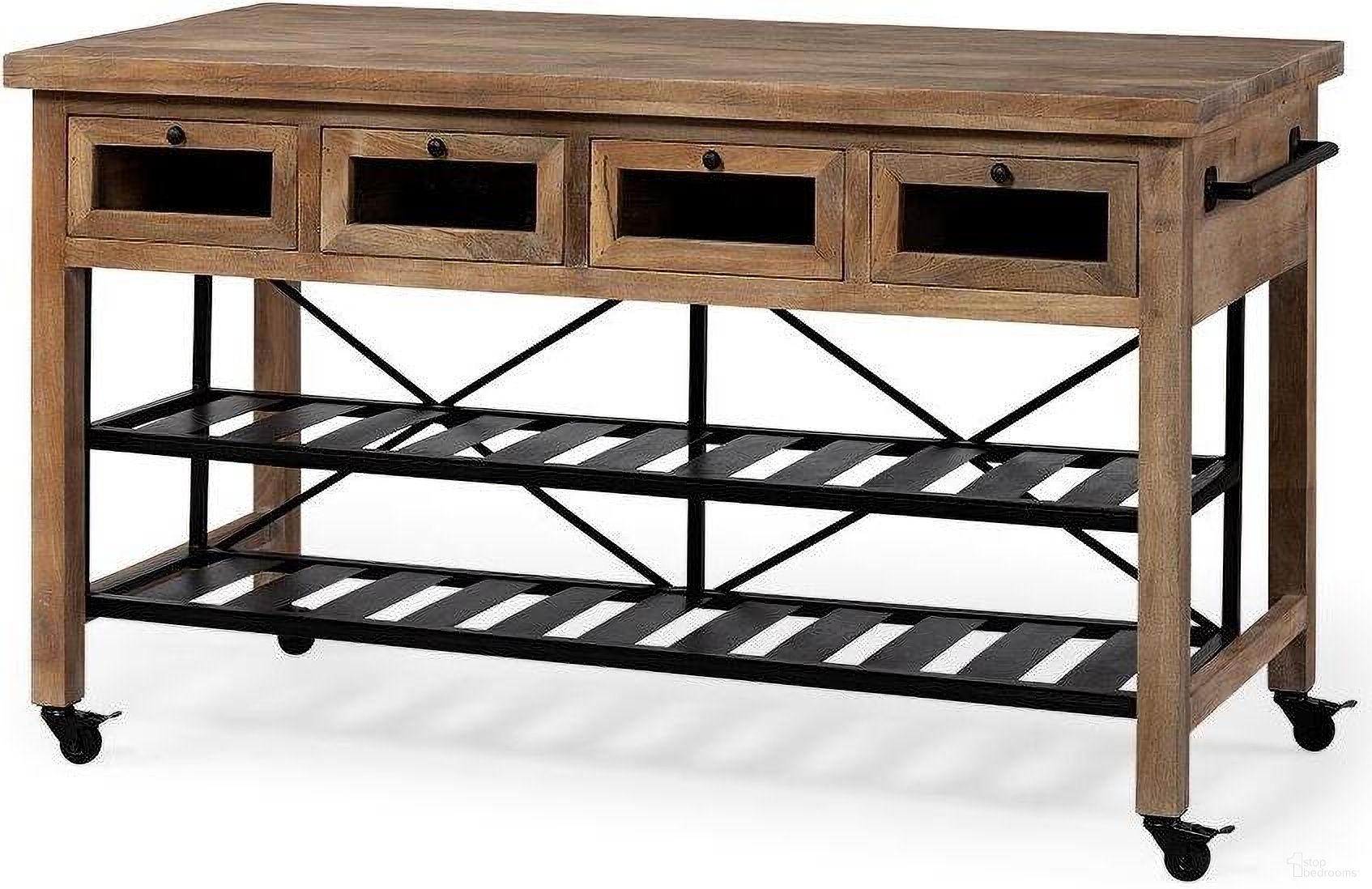 Stuart I Brown Solid Wood Top Two-Tier Black Metal Rolling Kitchen Island
