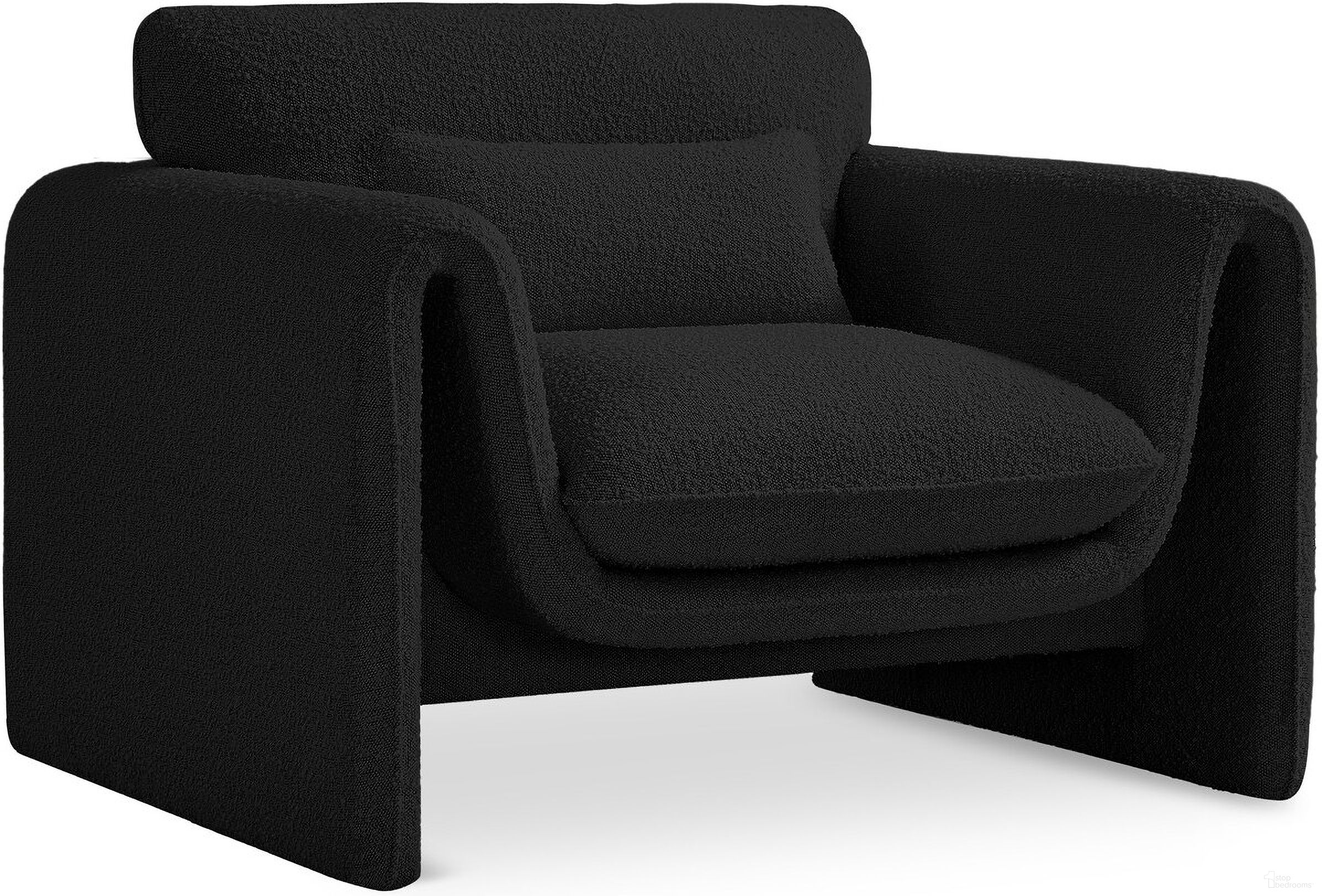The appearance of Stylus Boucle Fabric Chair In Black designed by Meridian in the modern / contemporary interior design. This black piece of furniture  was selected by 1StopBedrooms from Stylus Collection to add a touch of cosiness and style into your home. Sku: 198Black-C. Material: Boucle.