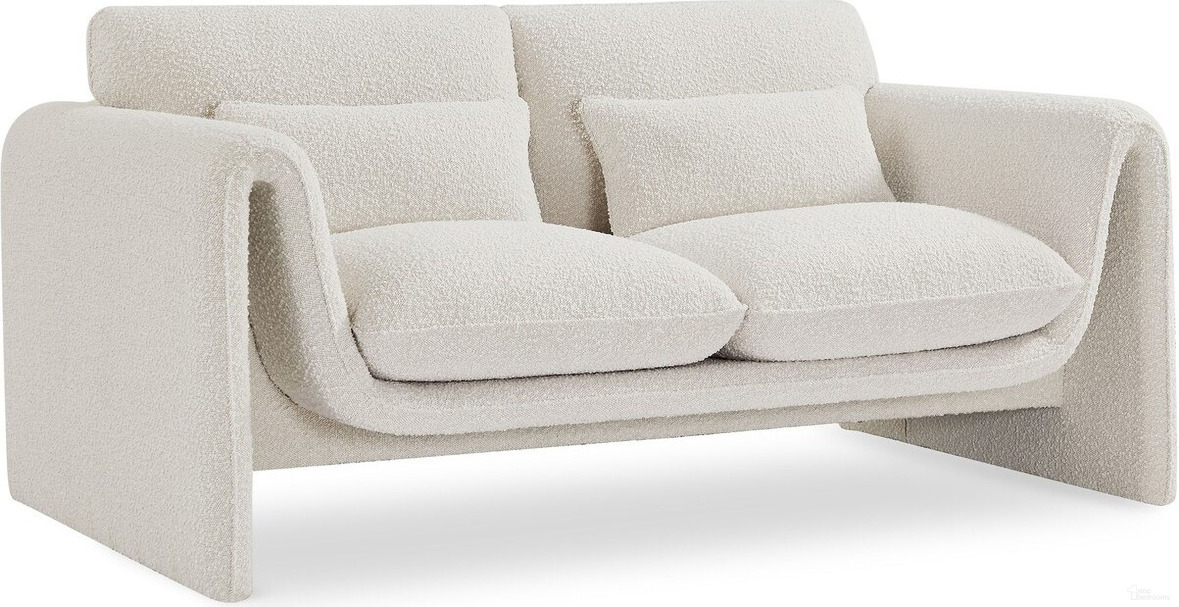 The appearance of Stylus Boucle Fabric Loveseat In Cream designed by Meridian in the modern / contemporary interior design. This cream piece of furniture was selected by 1StopBedrooms from Stylus Collection to add a touch of cosiness and style into your home. Sku: 198Cream-L. Material: Boucle.