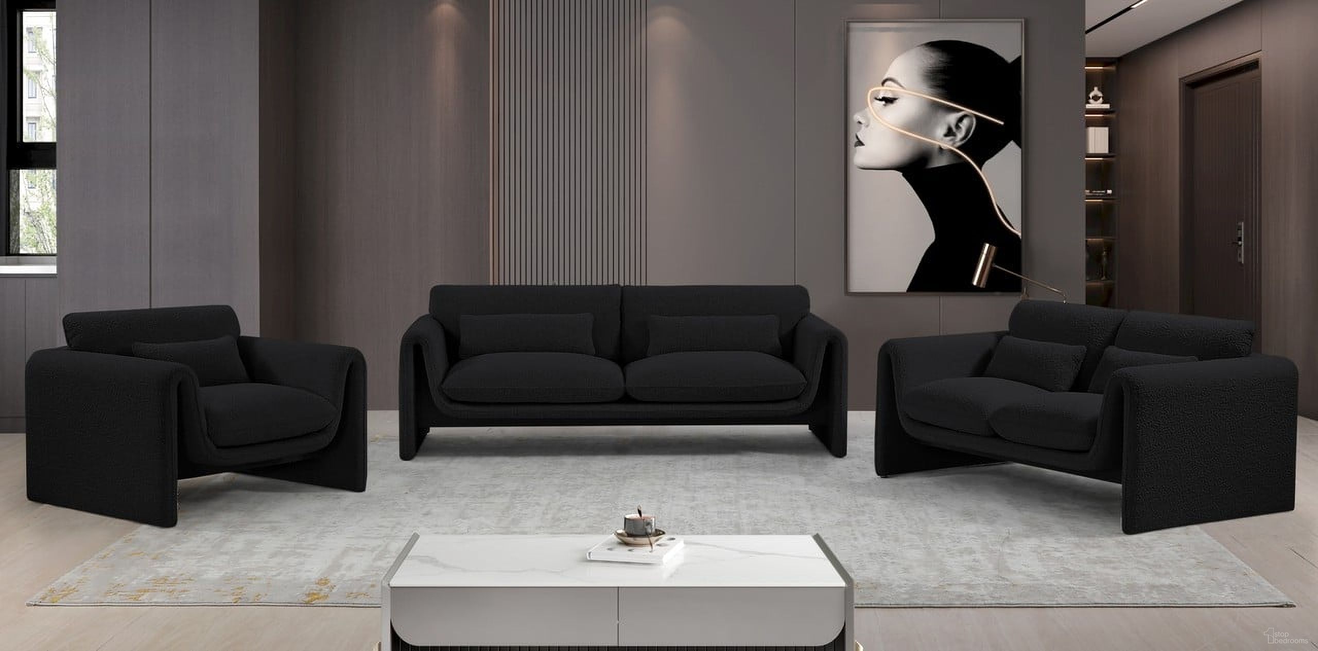 The appearance of Stylus Living Room Set In Black designed by Meridian in the modern / contemporary interior design. This black piece of furniture was selected by 1StopBedrooms from Stylus Collection to add a touch of cosiness and style into your home. Sku: 198Black-S;198Black-L. Material: Boucle.