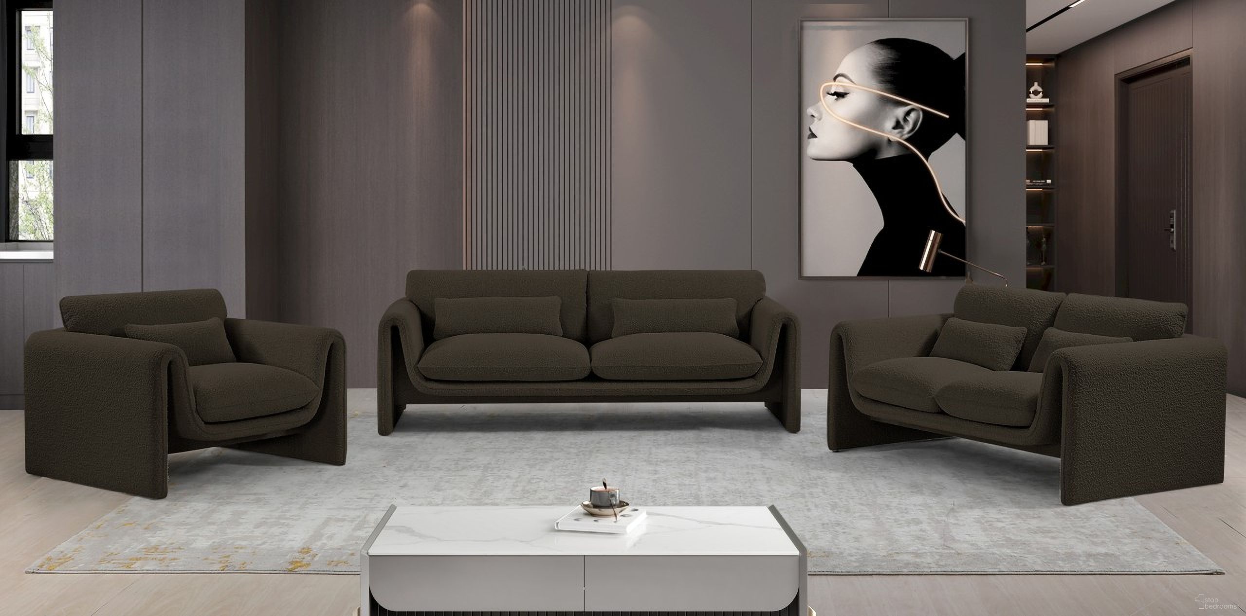 The appearance of Stylus Living Room Set In Brown designed by Meridian in the modern / contemporary interior design. This brown piece of furniture was selected by 1StopBedrooms from Stylus Collection to add a touch of cosiness and style into your home. Sku: 198Brown-S;198Brown-L. Material: Boucle.