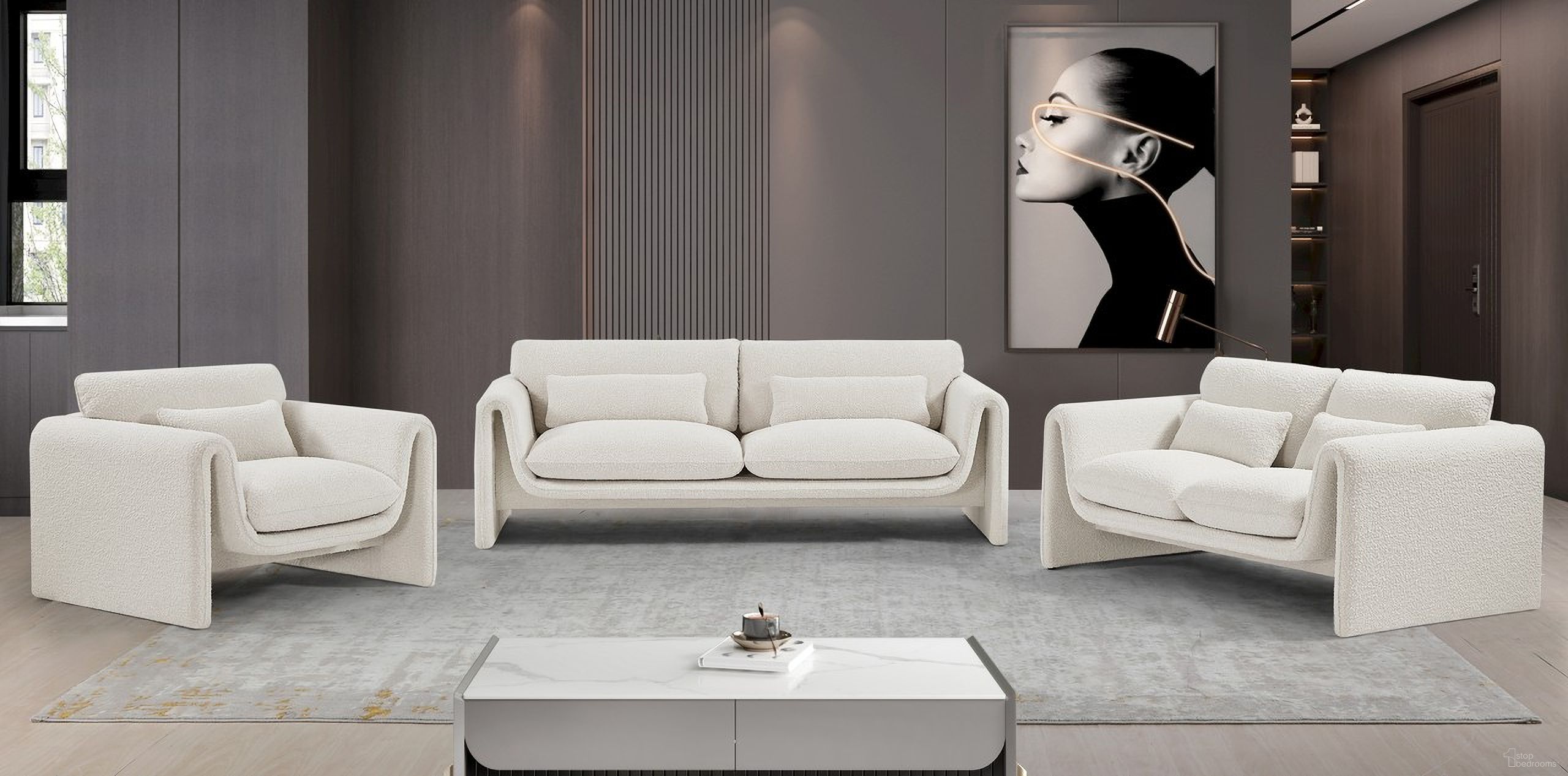 The appearance of Stylus Living Room Set In Cream designed by Meridian in the modern / contemporary interior design. This cream piece of furniture was selected by 1StopBedrooms from Stylus Collection to add a touch of cosiness and style into your home. Sku: 198Cream-S;198Cream-L. Material: Boucle.