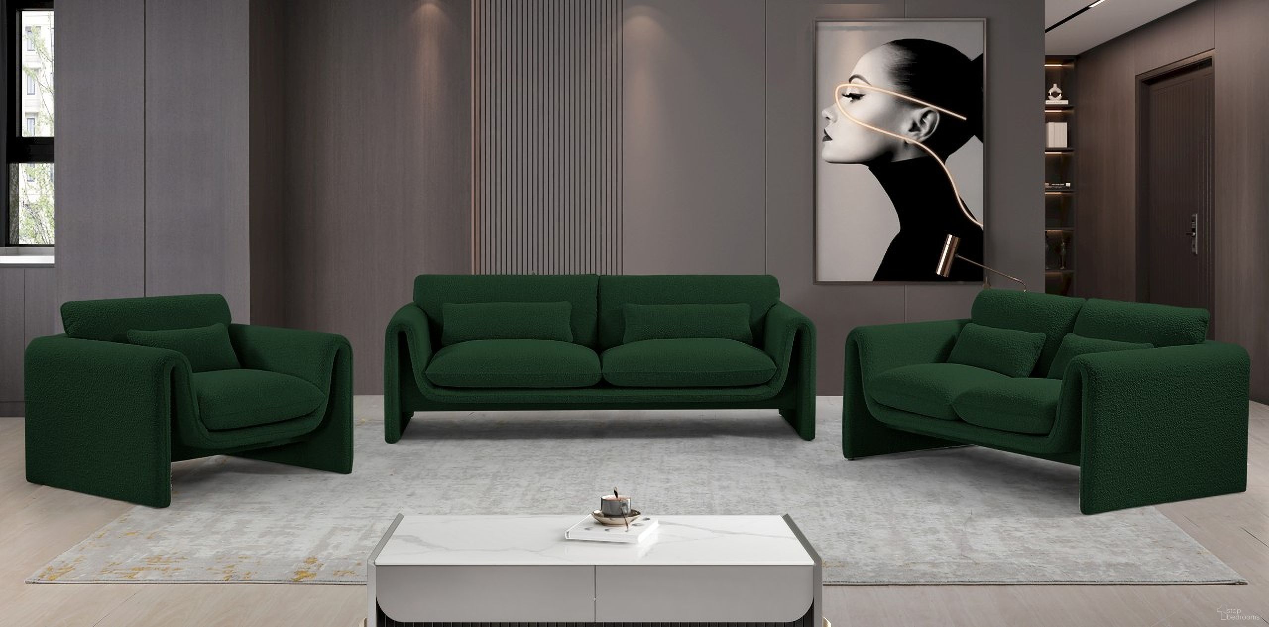 The appearance of Stylus Living Room Set In Green designed by Meridian in the modern / contemporary interior design. This green piece of furniture was selected by 1StopBedrooms from Stylus Collection to add a touch of cosiness and style into your home. Sku: 198Green-S;198Green-L. Material: Boucle.