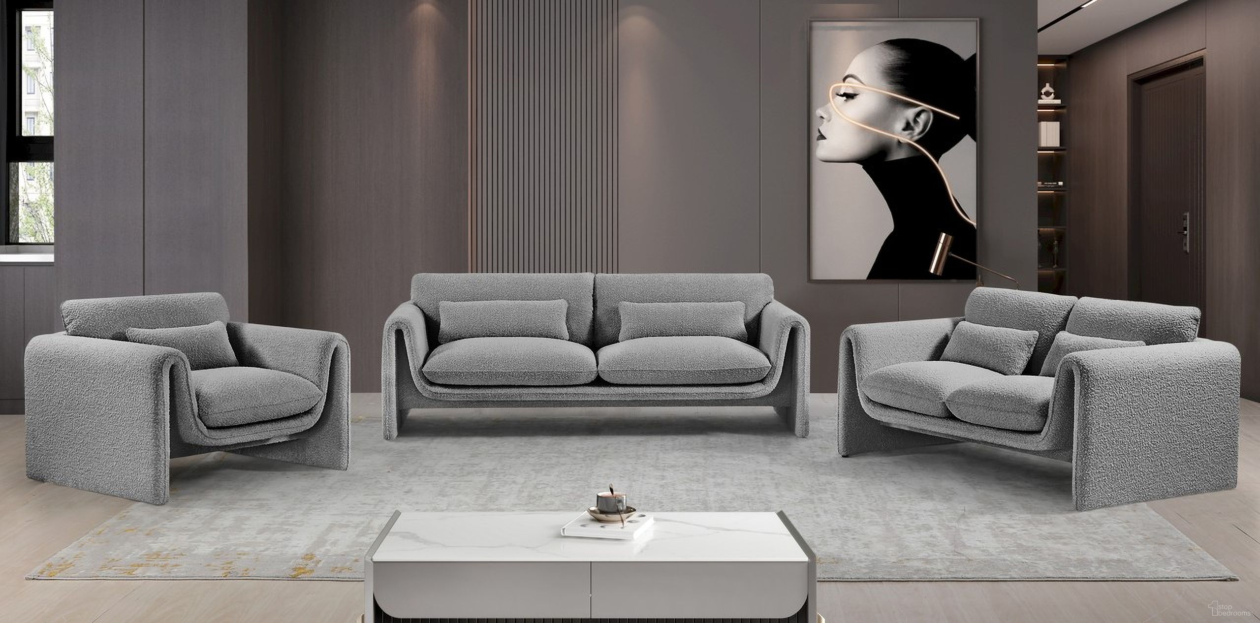 The appearance of Stylus Living Room Set In Grey designed by Meridian in the modern / contemporary interior design. This grey piece of furniture  was selected by 1StopBedrooms from Stylus Collection to add a touch of cosiness and style into your home. Sku: 198Grey-S;198Grey-L. Material: Boucle.