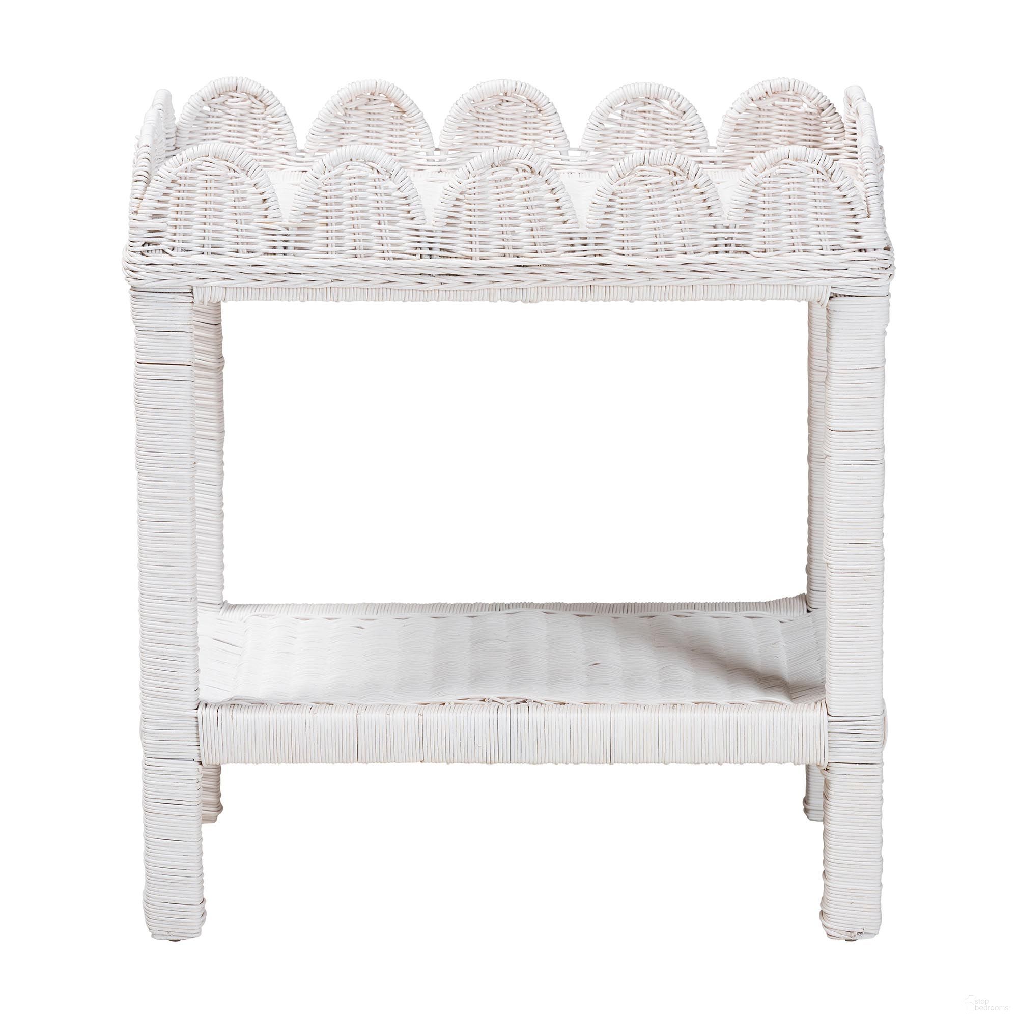 The appearance of Sumana Natural Rattan Handwoven Wicker 2-Tier Side Table with Scalloped Tray Top In White designed by Baxton Studio in the bohemian interior design. This white piece of furniture  was selected by 1StopBedrooms from Sumana Collection to add a touch of cosiness and style into your home. Sku: WS069-White Rattan-Side Table. Material: Natural Rattan.