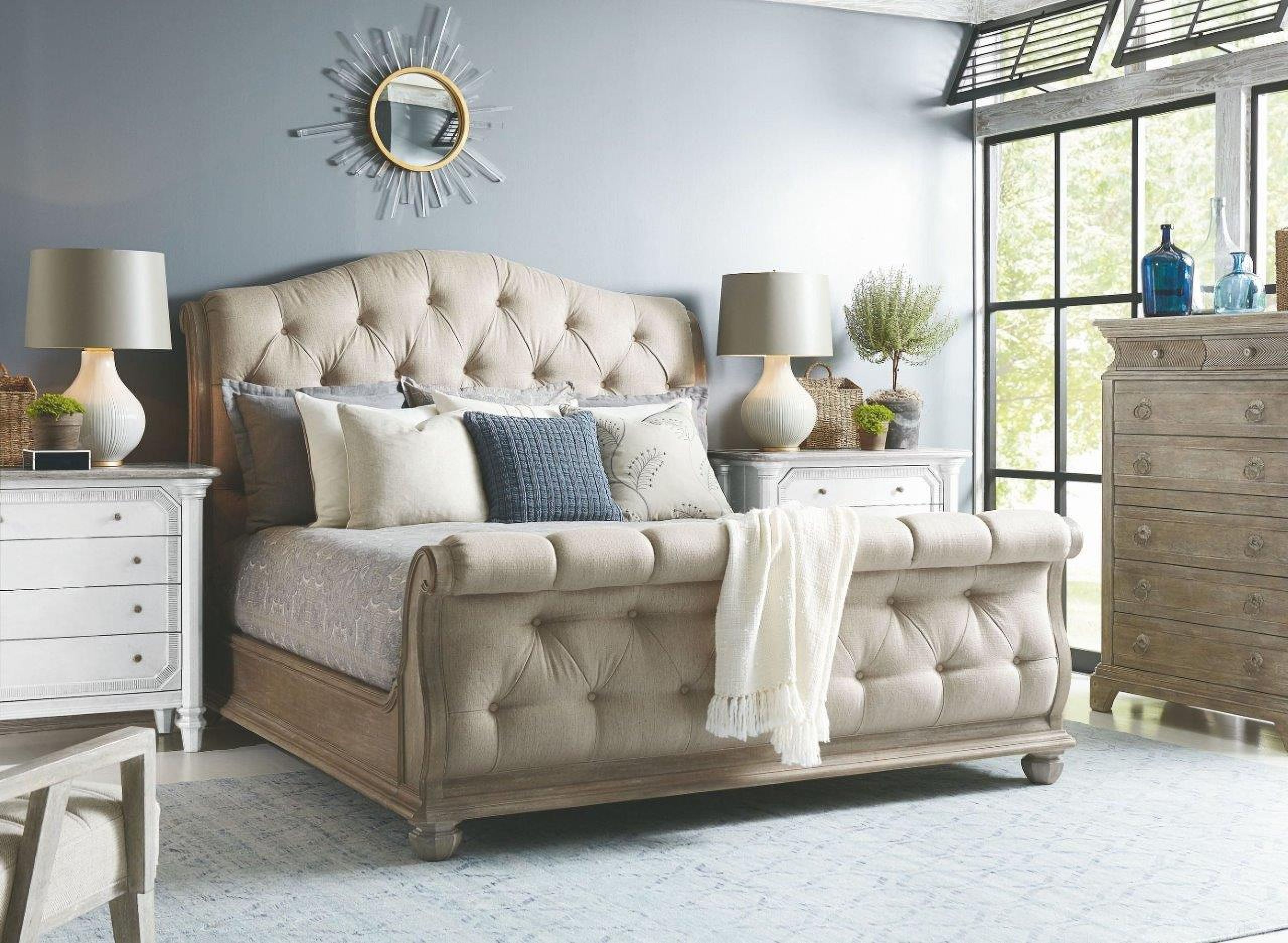 The appearance of Summer Creek Scrubbed Oak Shoals Upholstered Sleigh Bedroom Set designed by A.R.T. in the country / farmhouse interior design. This beige piece of furniture was selected by 1StopBedrooms from Summer Creek Collection to add a touch of cosiness and style into your home. Sku: 251125-1303HB;251125-1303FB;251125-1303RS;251143-1303. Bed Type: Sleigh Bed. Bed Size: Queen. Material: Plywood.