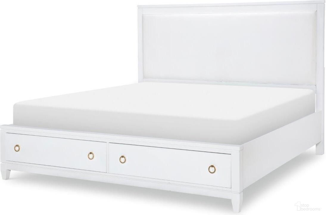The appearance of Summerland Pure White California King Upholstered Bed With Storage designed by Legacy Classic in the modern / contemporary interior design. This white piece of furniture was selected by 1StopBedrooms from Summerland Collection to add a touch of cosiness and style into your home. Sku: 1160-4206;1160-4236;1160-4906. Bed Size: California King. Material: Poplar. Bed Type: Upholstered Bed.