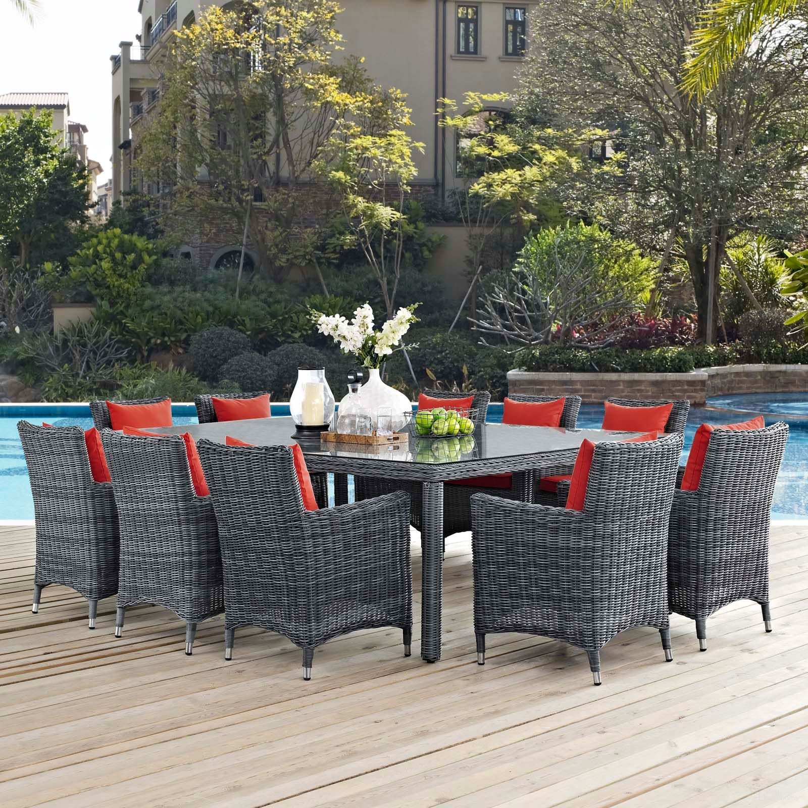 The appearance of Summon Canvas Red 11 Piece Outdoor Patio Sunbrella Dining Set designed by Modway in the modern / contemporary interior design. This canvas red piece of furniture was selected by 1StopBedrooms from Summon Collection to add a touch of cosiness and style into your home. Sku: EEI-1924-CUSHION-RED;EEI-1935-GRY;EEI-1944-GRY;EEI-1924-CUSHION-RED;EEI-1935-GRY;EEI-1924-CUSHION-RED;EEI-1935-GRY;EEI-1924-CUSHION-RED;EEI-1935-GRY;EEI-1924-CUSHION-RED;EEI-1935-GRY;EEI-1924-CUSHION-RED;EEI-1935-GRY;EEI-1924-CUSHION-RED;EEI-1935-GRY;EEI-. Table Base Style: Legs. Material: Rattan. Table Top Shape: Rectangular.