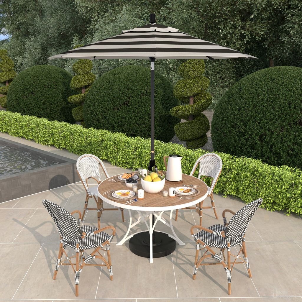 The appearance of Sun Master 7.5' Patio Umbrella with Aluminum Pole Fiberglass Ribs Collar Tilt Crank Lift with Sunbrella Fabric In Cabana Classic and Matte Black designed by California Umbrella in the traditional interior design. This cabana classic/matte black piece of furniture  was selected by 1StopBedrooms from Sun Master Collection to add a touch of cosiness and style into your home. Sku: GSCUF758705-58030. Material: Aluminum.
