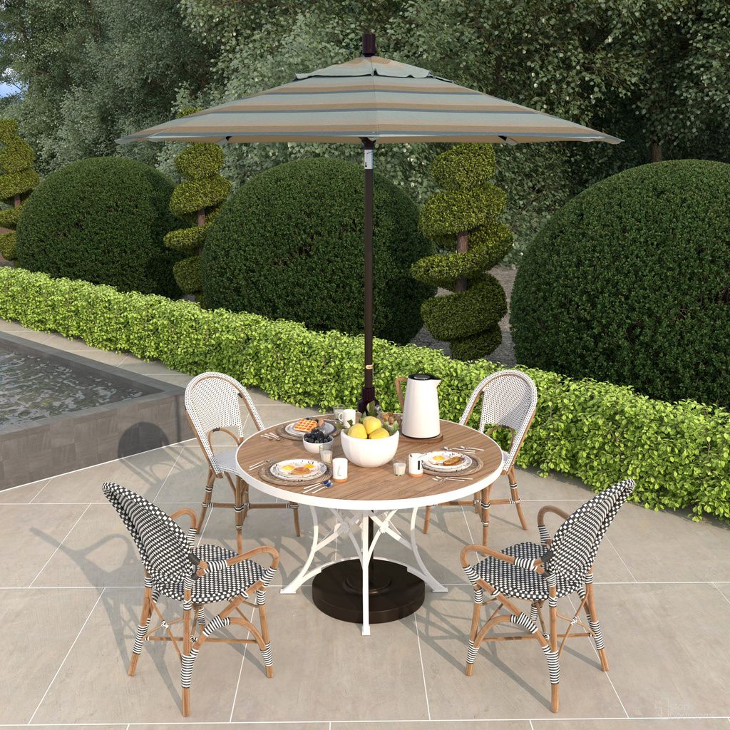 The appearance of Sun Master 7.5' Patio Umbrella with Aluminum Pole Fiberglass Ribs Collar Tilt Crank Lift with Sunbrella Fabric In Gateway Mist and Bronze designed by California Umbrella in the traditional interior design. This gateway mist/bronze piece of furniture  was selected by 1StopBedrooms from Sun Master Collection to add a touch of cosiness and style into your home. Sku: GSCUF758117-58039. Material: Aluminum.