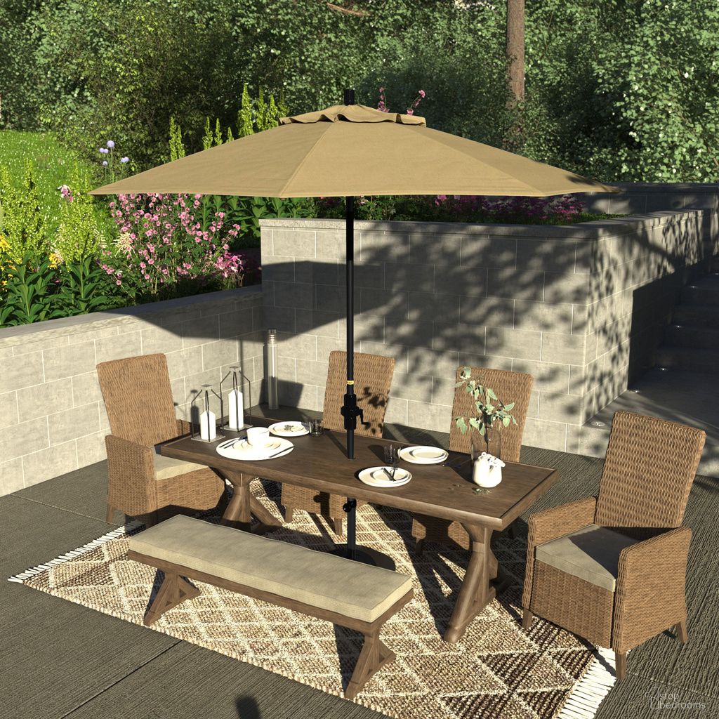 The appearance of Sun Master 9' Patio Umbrella with Aluminum Pole Fiberglass Ribs Collar Tilt Crank Lift with Olefin Fabric In Champagne and Matte Black designed by California Umbrella in the traditional interior design. This champagne/matte black piece of furniture  was selected by 1StopBedrooms from Sun Master Collection to add a touch of cosiness and style into your home. Sku: GSCUF908705-F67. Material: Aluminum.