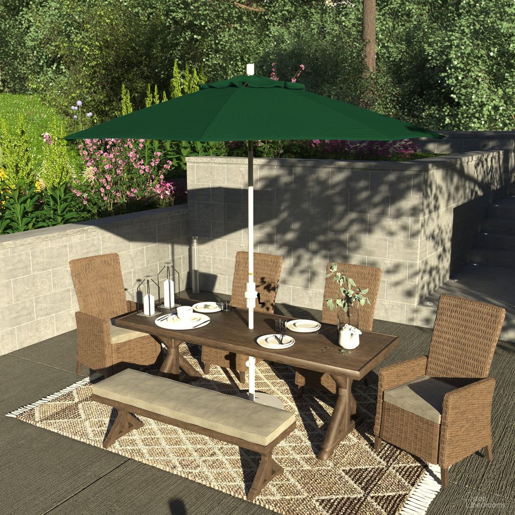The appearance of Sun Master 9' Patio Umbrella with Aluminum Pole Fiberglass Ribs Collar Tilt Crank Lift with Olefin Fabric In Hunter Green and Matte White designed by California Umbrella in the traditional interior design. This hunter green/matte white piece of furniture was selected by 1StopBedrooms from Sun Master Collection to add a touch of cosiness and style into your home. Sku: GSCUF908170-F08. Material: Aluminum.