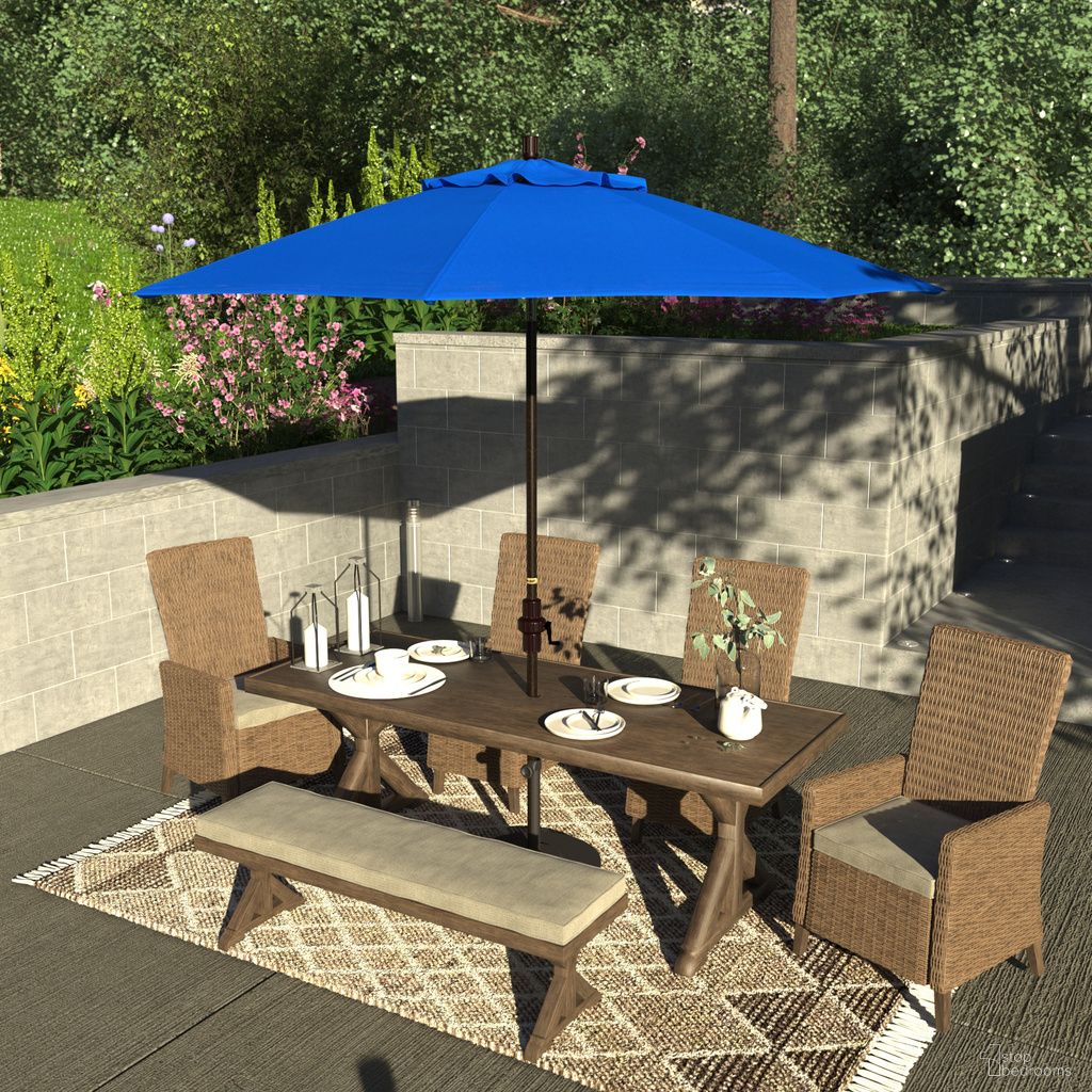 The appearance of Sun Master 9' Patio Umbrella with Aluminum Pole Fiberglass Ribs Collar Tilt Crank Lift with Olefin Fabric In Royal Blue and Bronze designed by California Umbrella in the traditional interior design. This royal blue/bronze piece of furniture was selected by 1StopBedrooms from Sun Master Collection to add a touch of cosiness and style into your home. Sku: GSCUF908117-F03. Material: Aluminum.