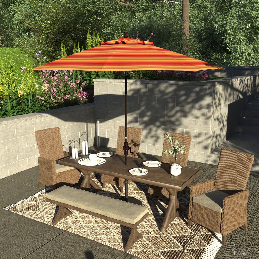 The appearance of Sun Master 9' Patio Umbrella with Aluminum Pole Fiberglass Ribs Collar Tilt Crank Lift with Sunbrella Fabric In Astoria Sunset and Bronze designed by California Umbrella in the traditional interior design. This astoria sunset/bronze piece of furniture  was selected by 1StopBedrooms from Sun Master Collection to add a touch of cosiness and style into your home. Sku: GSCUF908117-56095. Material: Aluminum.