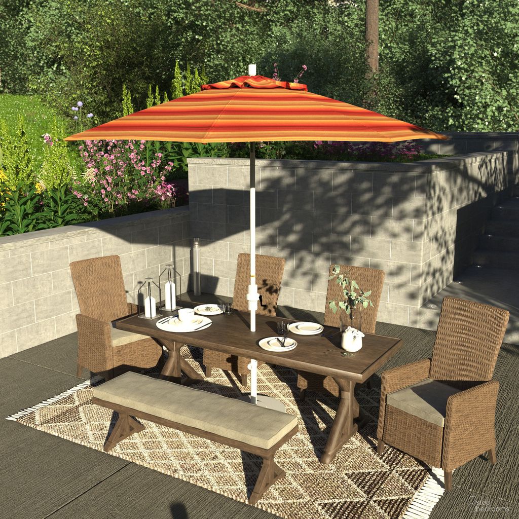 The appearance of Sun Master 9' Patio Umbrella with Aluminum Pole Fiberglass Ribs Collar Tilt Crank Lift with Sunbrella Fabric In Astoria Sunset and Matte White designed by California Umbrella in the traditional interior design. This astoria sunset/matte white piece of furniture  was selected by 1StopBedrooms from Sun Master Collection to add a touch of cosiness and style into your home. Sku: GSCUF908170-56095. Material: Aluminum.