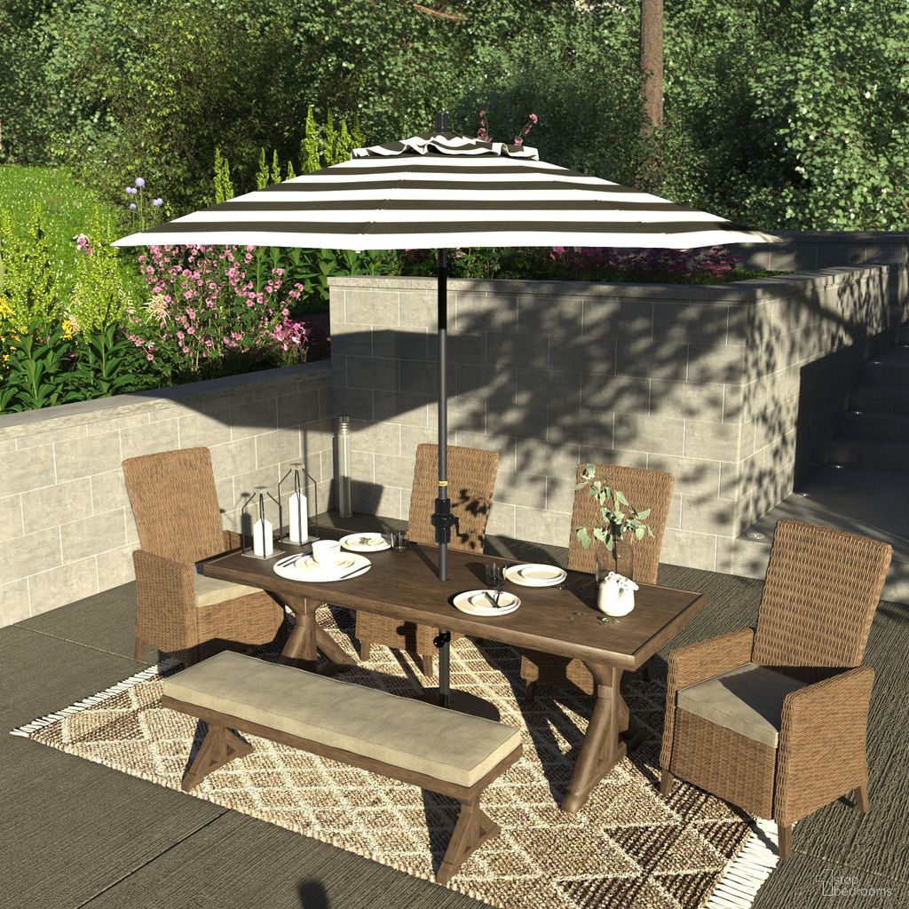 The appearance of Sun Master 9' Patio Umbrella with Aluminum Pole Fiberglass Ribs Collar Tilt Crank Lift with Sunbrella Fabric In Cabana Classic and Hammertone Grey designed by California Umbrella in the traditional interior design. This cabana classic/hammertone grey piece of furniture  was selected by 1StopBedrooms from Sun Master Collection to add a touch of cosiness and style into your home. Sku: GSCUF908010-58030. Material: Aluminum.