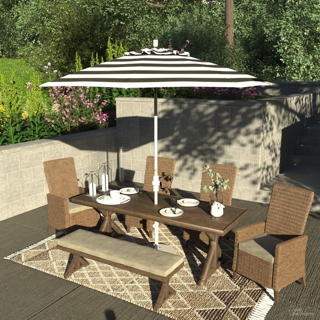 The appearance of Sun Master 9' Patio Umbrella with Aluminum Pole Fiberglass Ribs Collar Tilt Crank Lift with Sunbrella Fabric In Cabana Classic and Matte White designed by California Umbrella in the traditional interior design. This cabana classic/matte white piece of furniture was selected by 1StopBedrooms from Sun Master Collection to add a touch of cosiness and style into your home. Sku: GSCUF908170-58030. Material: Aluminum.