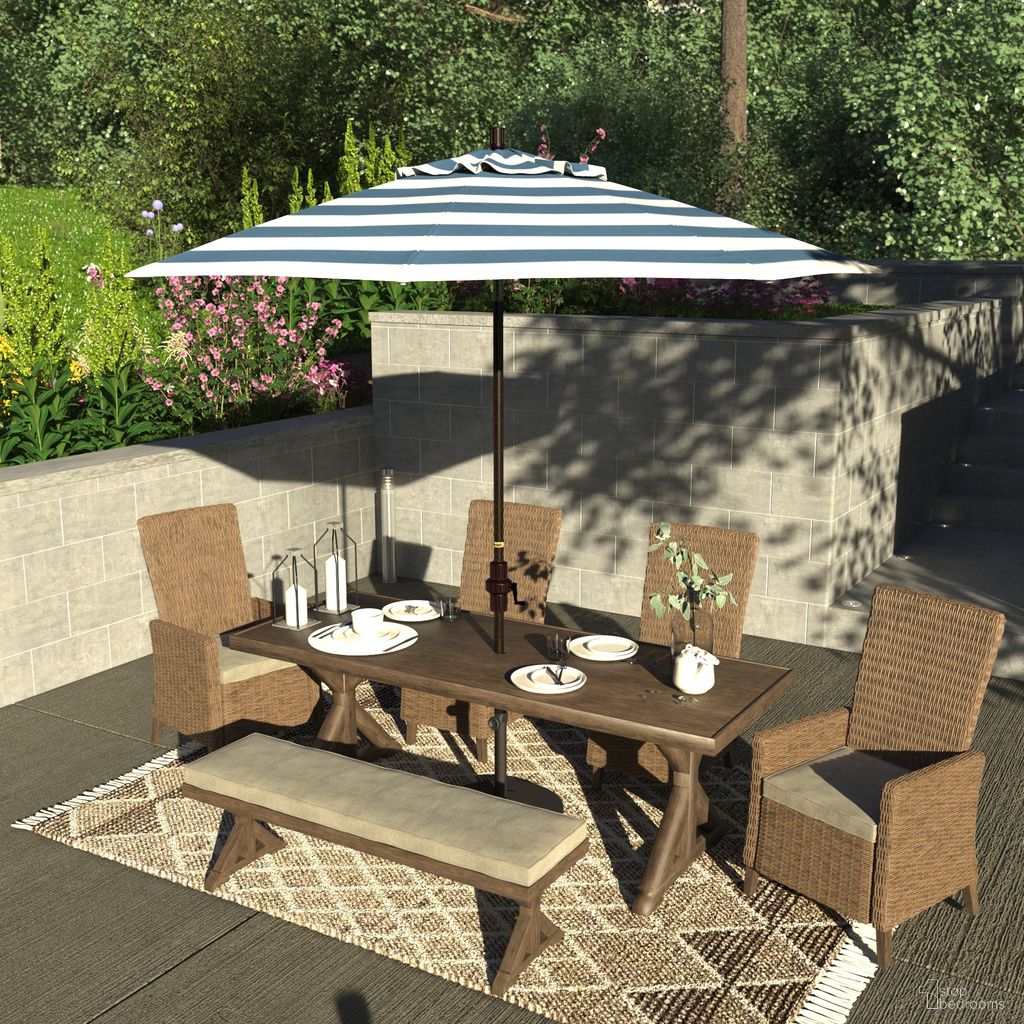 The appearance of Sun Master 9' Patio Umbrella with Aluminum Pole Fiberglass Ribs Collar Tilt Crank Lift with Sunbrella Fabric In Cabana Regatta and Bronze designed by California Umbrella in the traditional interior design. This cabana regatta/bronze piece of furniture was selected by 1StopBedrooms from Sun Master Collection to add a touch of cosiness and style into your home. Sku: GSCUF908117-58029. Material: Aluminum.
