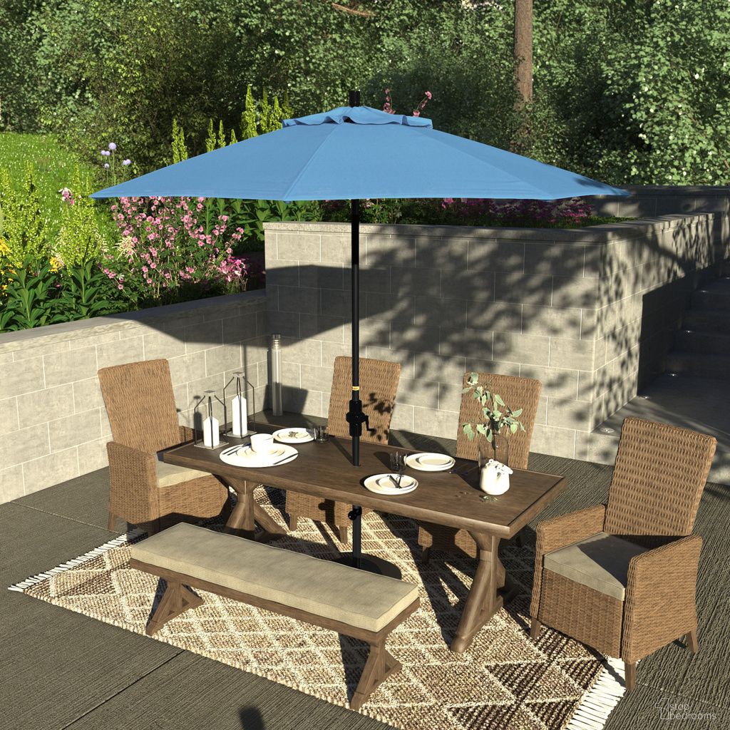 The appearance of Sun Master 9' Patio Umbrella with Aluminum Pole Fiberglass Ribs Collar Tilt Crank Lift with Sunbrella Fabric In Canvas Cyan and Matte Black designed by California Umbrella in the traditional interior design. This canvas cyan/matte black piece of furniture  was selected by 1StopBedrooms from Sun Master Collection to add a touch of cosiness and style into your home. Sku: GSCUF908705-56105. Material: Aluminum.