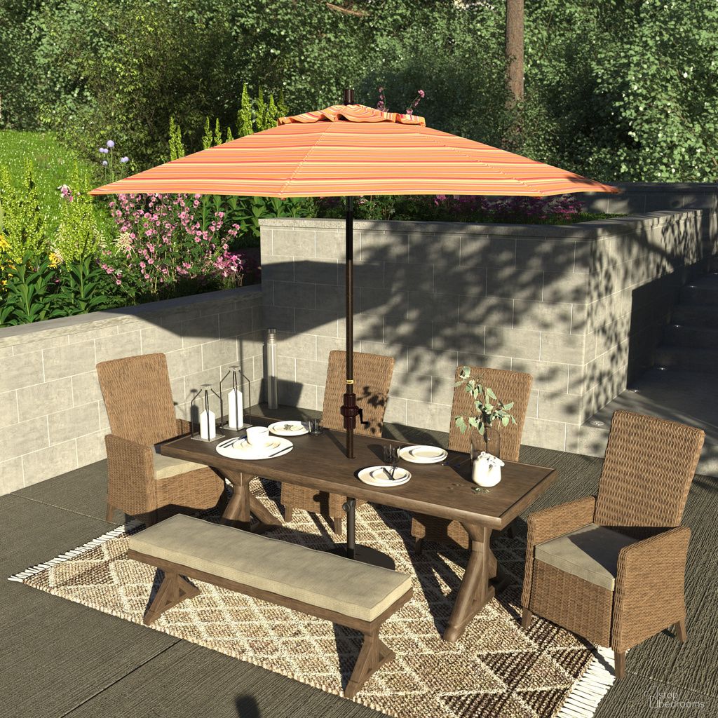 The appearance of Sun Master 9' Patio Umbrella with Aluminum Pole Fiberglass Ribs Collar Tilt Crank Lift with Sunbrella Fabric In Dolce Mango and Bronze designed by California Umbrella in the traditional interior design. This dolce mango/bronze piece of furniture  was selected by 1StopBedrooms from Sun Master Collection to add a touch of cosiness and style into your home. Sku: GSCUF908117-56000. Material: Aluminum.