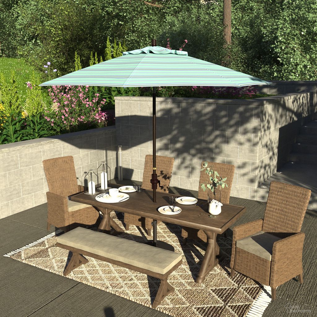 Sun Master 9' Patio Umbrella with Aluminum Pole Fiberglass Ribs Collar Tilt Crank Lift with Sunbrella Fabric In Dolce Oasis and Bronze
