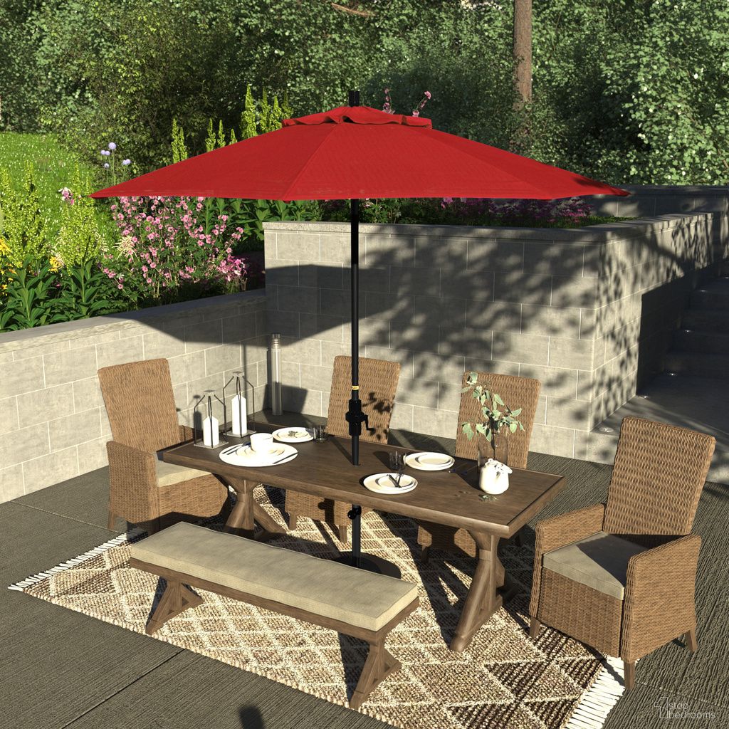 The appearance of Sun Master 9' Patio Umbrella with Aluminum Pole Fiberglass Ribs Collar Tilt Crank Lift with Sunbrella Fabric In Jockey Red and Matte Black designed by California Umbrella in the traditional interior design. This jockey red/matte black piece of furniture was selected by 1StopBedrooms from Sun Master Collection to add a touch of cosiness and style into your home. Sku: GSCUF908705-5403. Material: Aluminum.