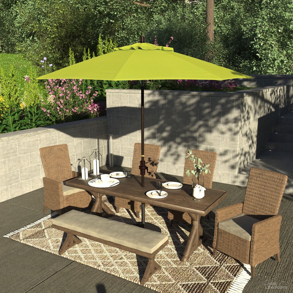 The appearance of Sun Master 9' Patio Umbrella with Aluminum Pole Fiberglass Ribs Collar Tilt Crank Lift with Sunbrella Fabric In Parrot and Bronze designed by California Umbrella in the traditional interior design. This parrot/bronze piece of furniture was selected by 1StopBedrooms from Sun Master Collection to add a touch of cosiness and style into your home. Sku: GSCUF908117-5405. Material: Aluminum.