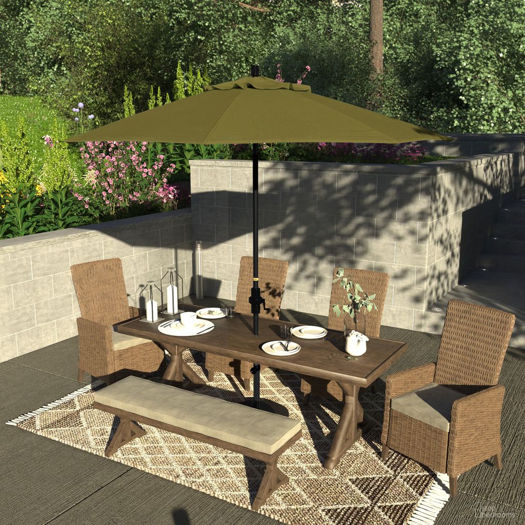 The appearance of Sun Master 9' Patio Umbrella with Aluminum Pole Fiberglass Ribs Collar Tilt Crank Lift with Sunbrella Fabric In Spectrum Cilantro and Matte Black designed by California Umbrella in the traditional interior design. This spectrum cilantro/matte black piece of furniture was selected by 1StopBedrooms from Sun Master Collection to add a touch of cosiness and style into your home. Sku: GSCUF908705-48022. Material: Aluminum.