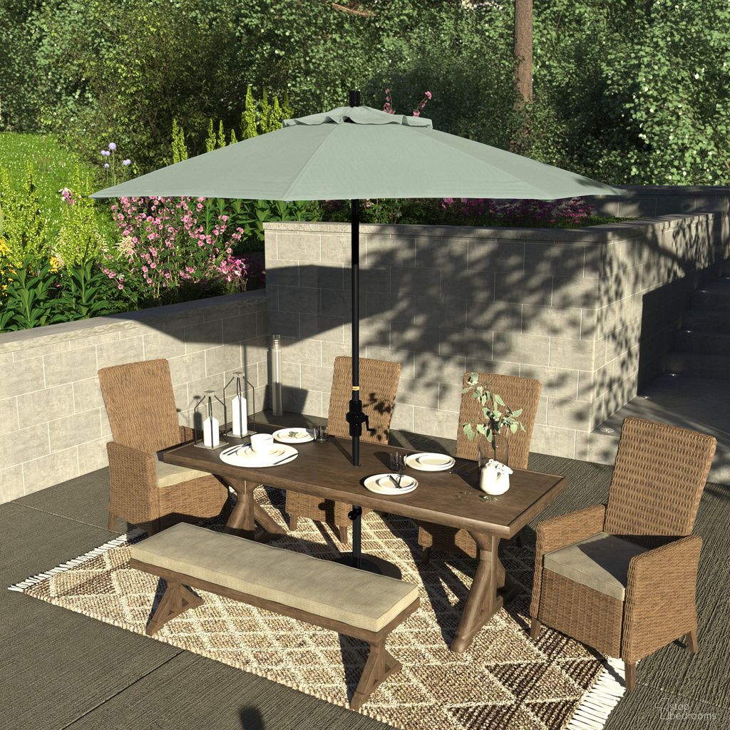 The appearance of Sun Master 9' Patio Umbrella with Aluminum Pole Fiberglass Ribs Collar Tilt Crank Lift with Sunbrella Fabric In Spectrum Mist and Matte Black designed by California Umbrella in the traditional interior design. This spectrum mist/matte black piece of furniture was selected by 1StopBedrooms from Sun Master Collection to add a touch of cosiness and style into your home. Sku: GSCUF908705-48020. Material: Aluminum.