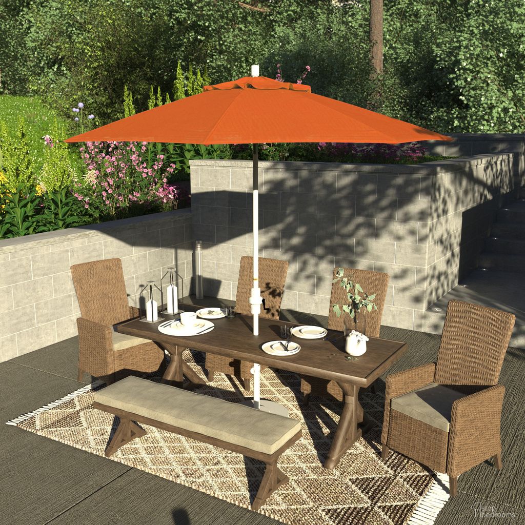 The appearance of Sun Master 9' Patio Umbrella with Aluminum Pole Fiberglass Ribs Collar Tilt Crank Lift with Sunbrella Fabric In Tangerine and Matte White designed by California Umbrella in the traditional interior design. This tangerine/matte white piece of furniture  was selected by 1StopBedrooms from Sun Master Collection to add a touch of cosiness and style into your home. Sku: GSCUF908170-5406. Material: Aluminum.