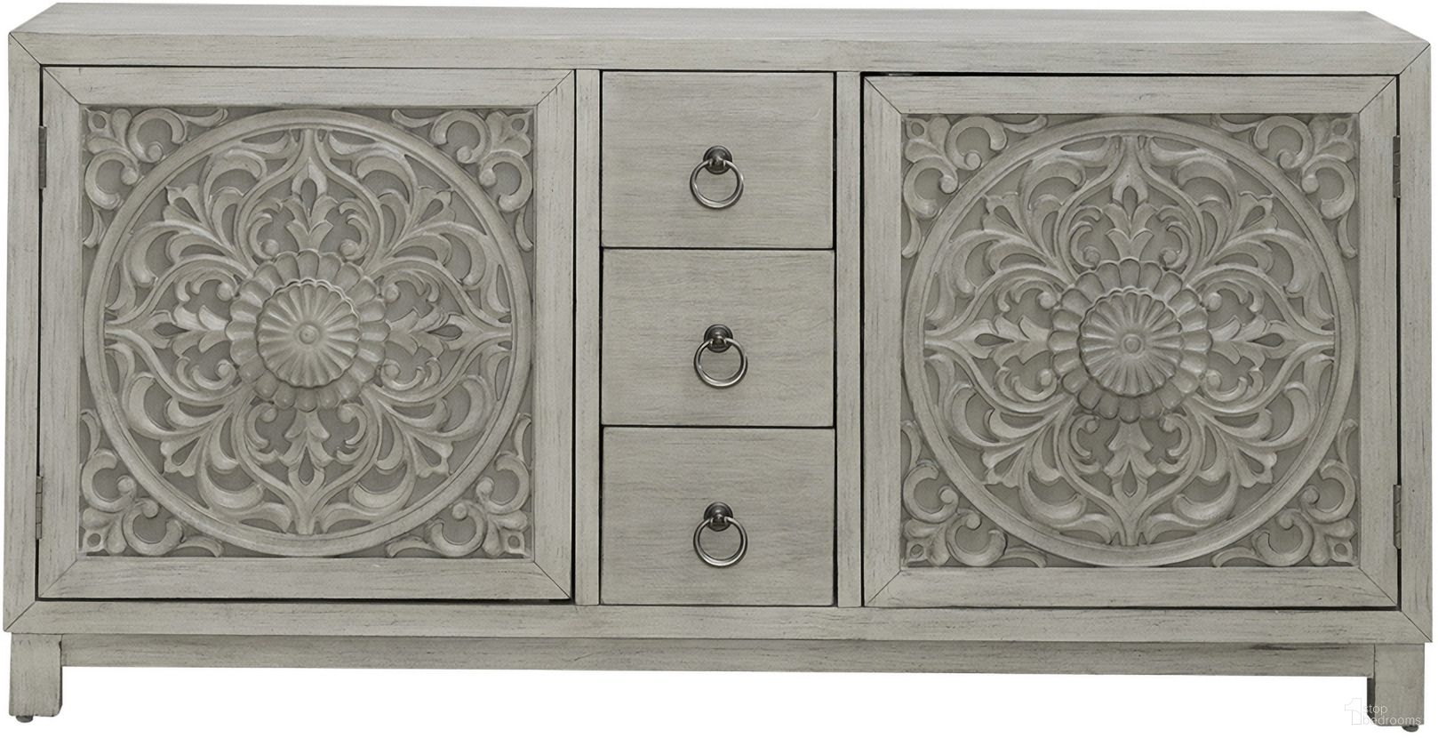 The appearance of Sundance 2 Door 3 Drawer Accent Cabinet 2057W-AC6029 designed by Liberty in the modern / contemporary interior design. This antique linen piece of furniture  was selected by 1StopBedrooms from Sundance Collection to add a touch of cosiness and style into your home. Sku: 2057W-AC6029. Material: Rubberwood.