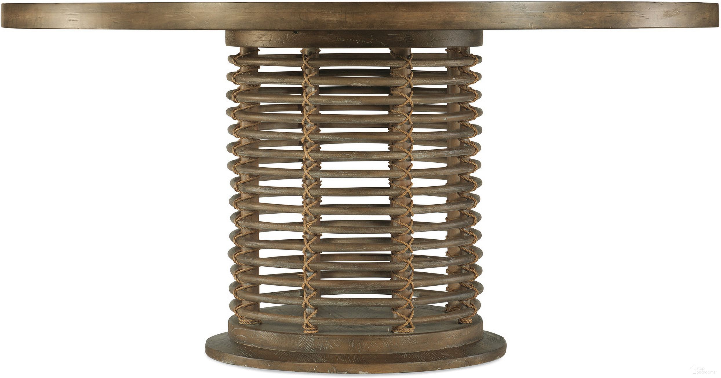 The appearance of Sundance 60in Rattan Round Dining Table designed by Hooker in the transitional interior design. This dark wood piece of furniture was selected by 1StopBedrooms from Sundance Collection to add a touch of cosiness and style into your home. Sku: 6015-75203B-89;6015-75213T-89. Table Base Style: Pedestal. Table Top Shape: Round. Material: Wood. Size: 60".