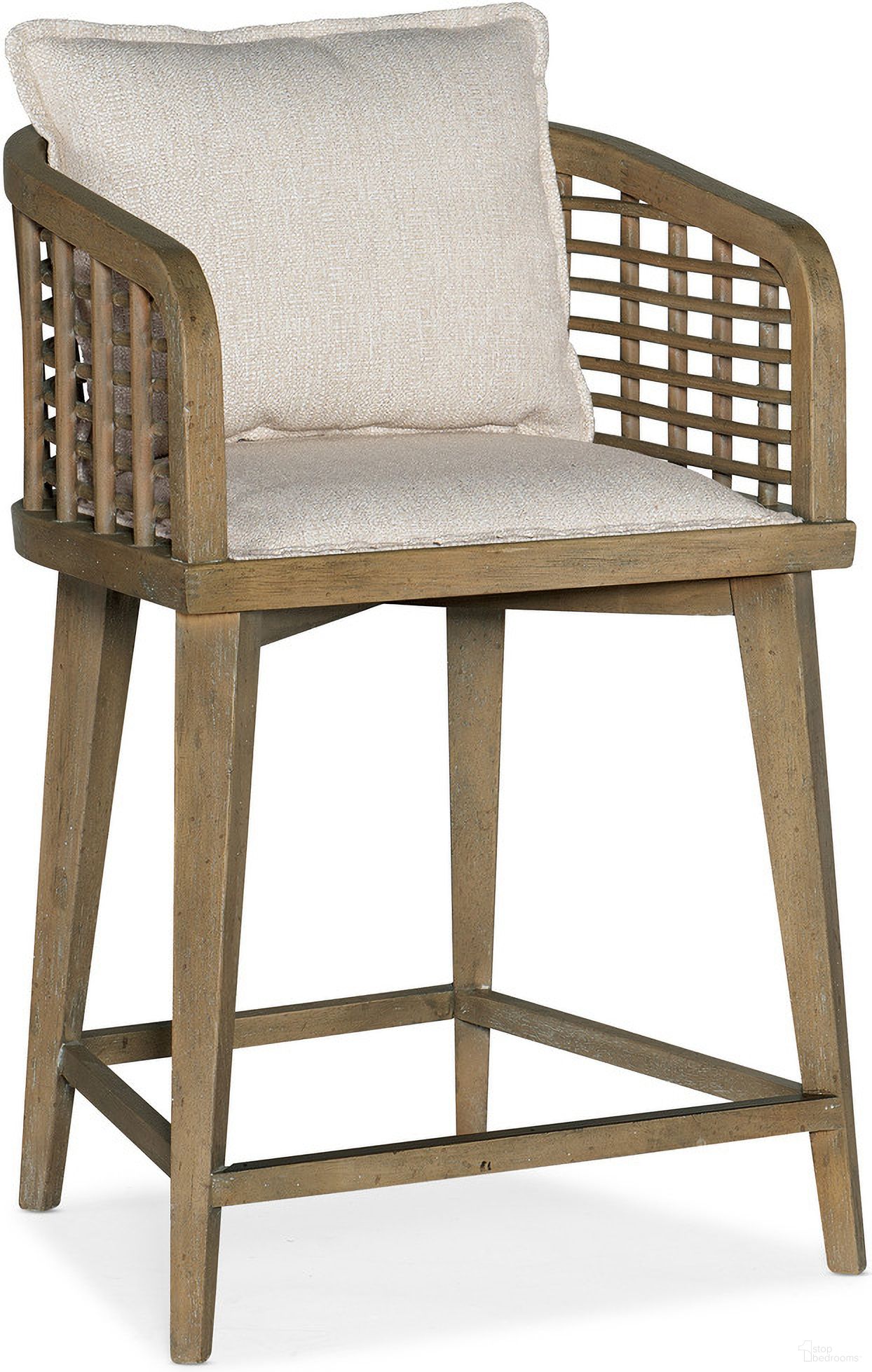 The appearance of Surfrider Sundance Barrel Back Counter Stool designed by Hooker in the transitional interior design. This dark wood piece of furniture  was selected by 1StopBedrooms from Surfrider Collection to add a touch of cosiness and style into your home. Sku: 6015-75350-89. Material: Fabric.