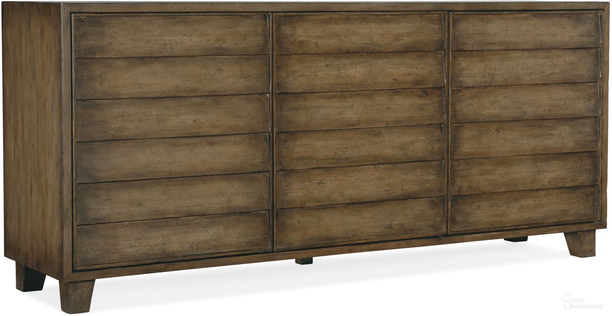 The appearance of Sundance Buffet designed by Hooker in the transitional interior design. This dark wood piece of furniture was selected by 1StopBedrooms from Sundance Collection to add a touch of cosiness and style into your home. Sku: 6015-75900-89. Material: Pine.