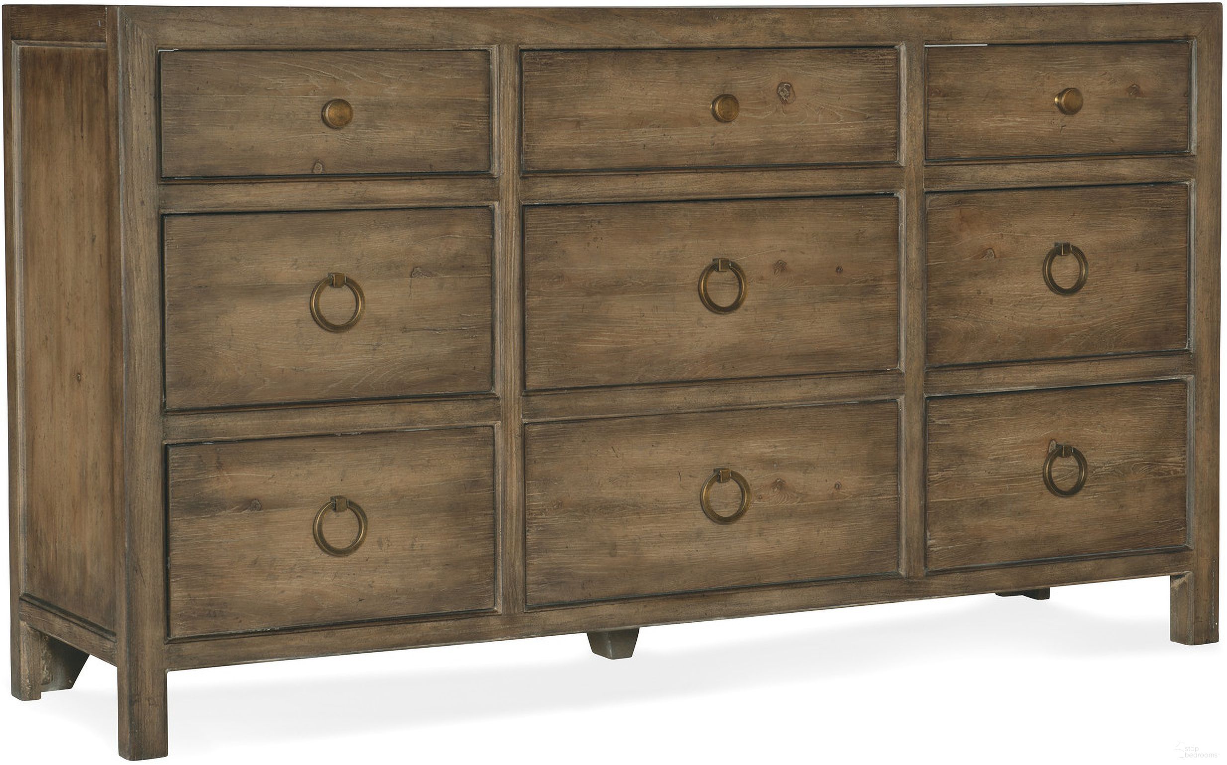 The appearance of Sundance Nine-Drawer Dresser designed by Hooker in the transitional interior design. This dark wood piece of furniture was selected by 1StopBedrooms from Sundance Collection to add a touch of cosiness and style into your home. Sku: 6015-90202-89. Material: Veneer.