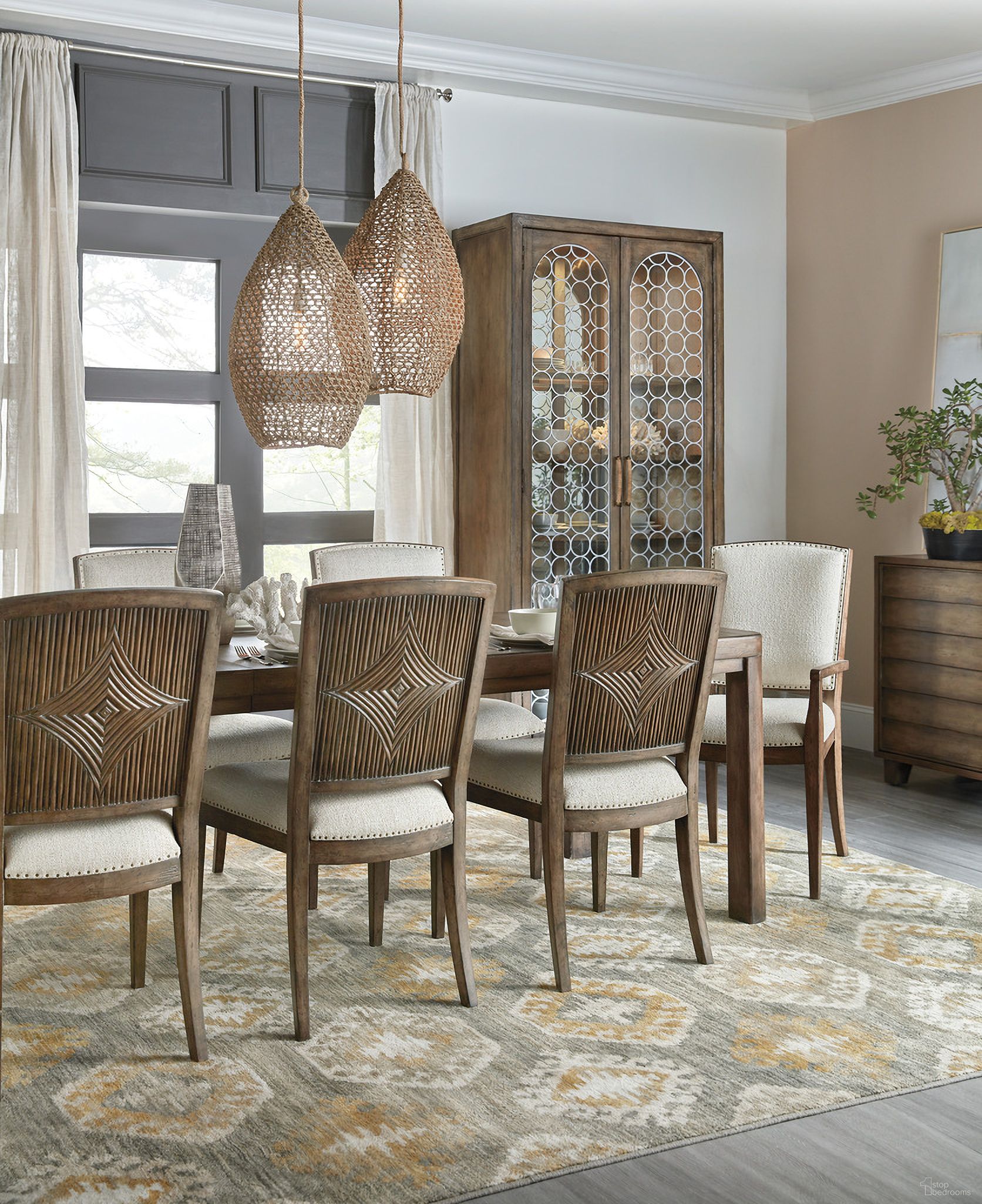 The appearance of Sundance Rich Dynamic Brown Extendable Rectangle Pedestal Dining Room Set designed by Hooker in the transitional interior design. This brown piece of furniture was selected by 1StopBedrooms from Sundance Collection to add a touch of cosiness and style into your home. Sku: 6015-75217-89;6015-75600-89. Table Base Style: Double Pedestal. Material: Wood. Table Top Shape: Rectangular. Size: 42" x 82".