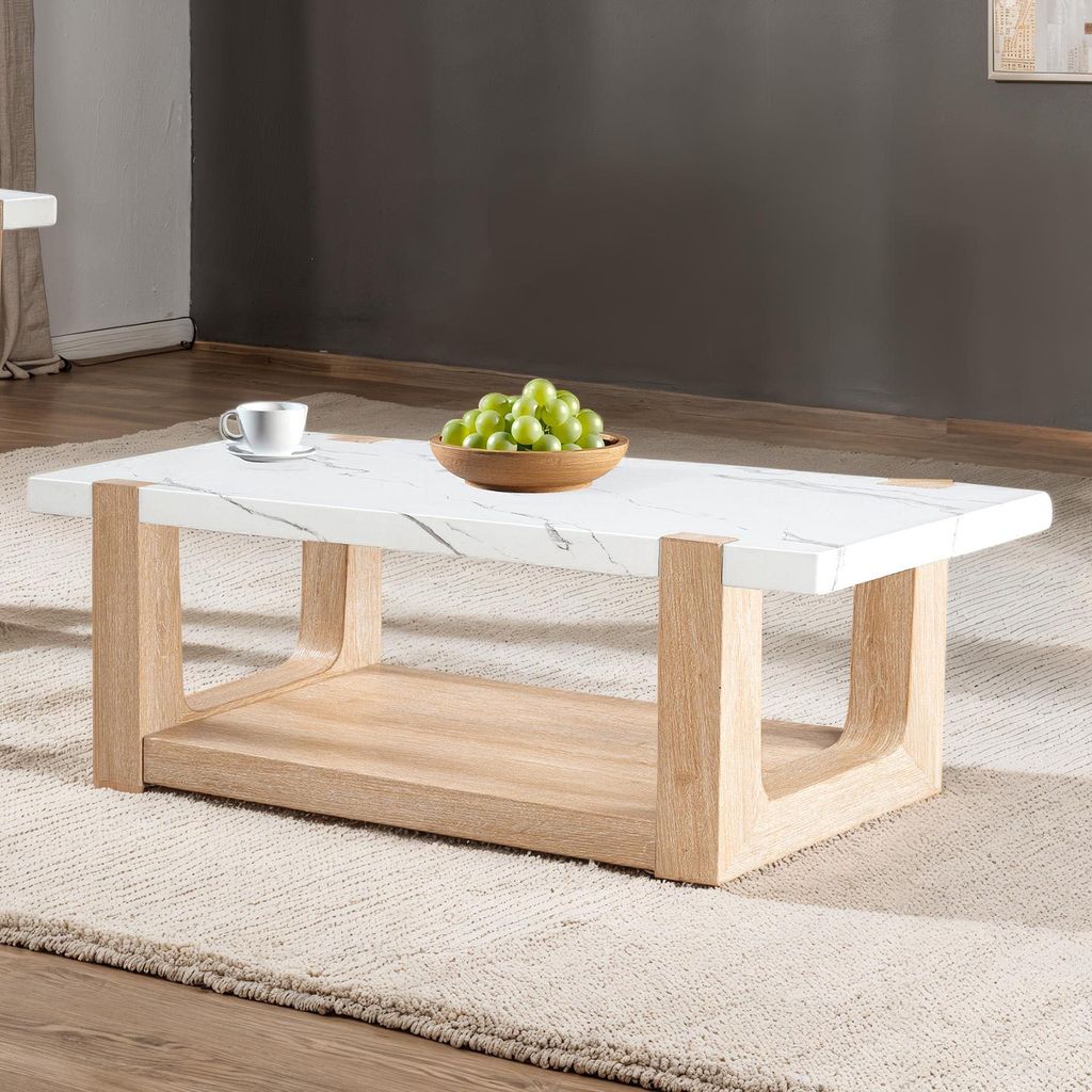 The appearance of Sundbry Coffee Table In White and Natural designed by Furniture of America in the modern / contemporary interior design. This white/natural piece of furniture  was selected by 1StopBedrooms from Sundbry Collection to add a touch of cosiness and style into your home. Sku: FM44010NT-C. Material: MDF.