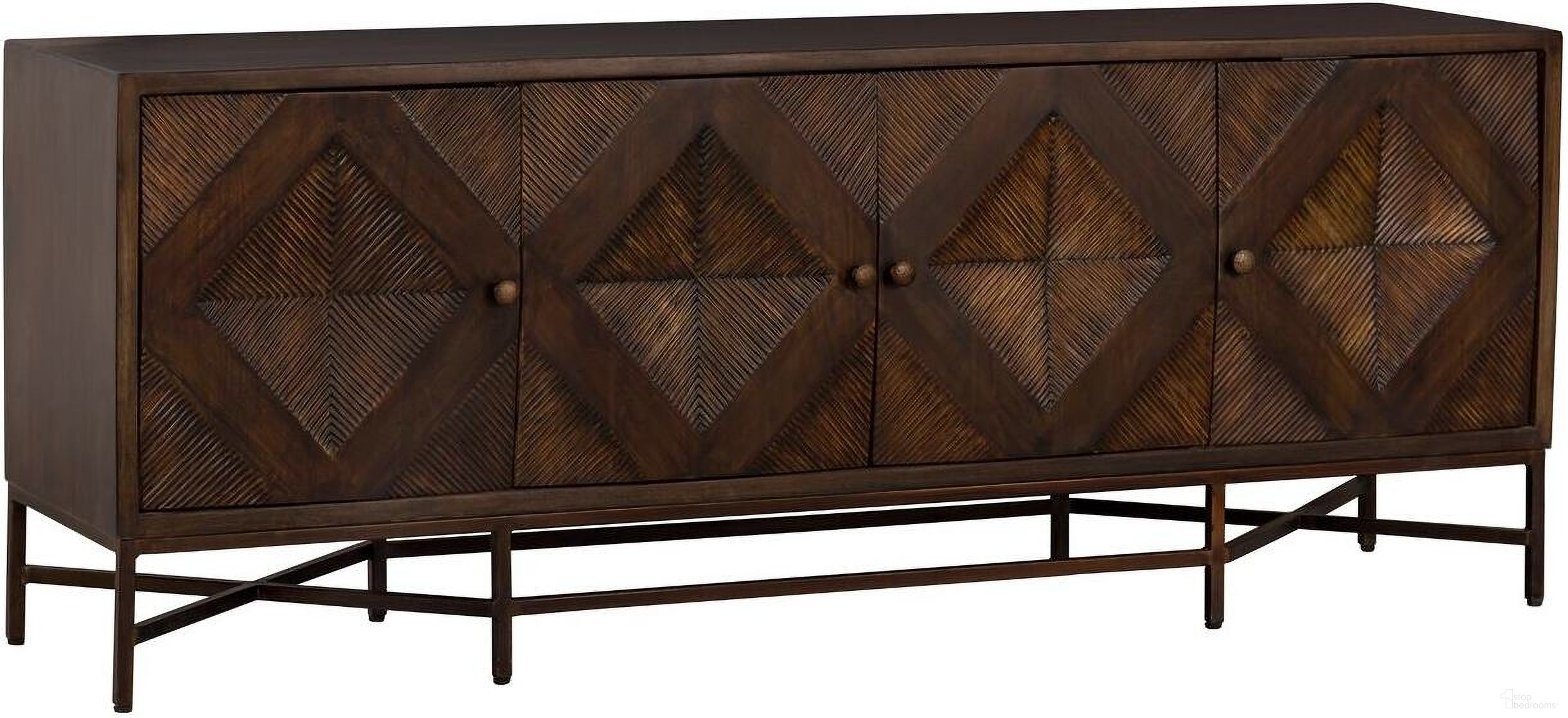 The appearance of Sundries Palm Leaf Credenza In Antique Brass designed by Fairfield Chair in the modern / contemporary interior design. This antique brass piece of furniture  was selected by 1StopBedrooms from Sundries Collection to add a touch of cosiness and style into your home. Sku: 8052-MC. Material: Mango Wood.